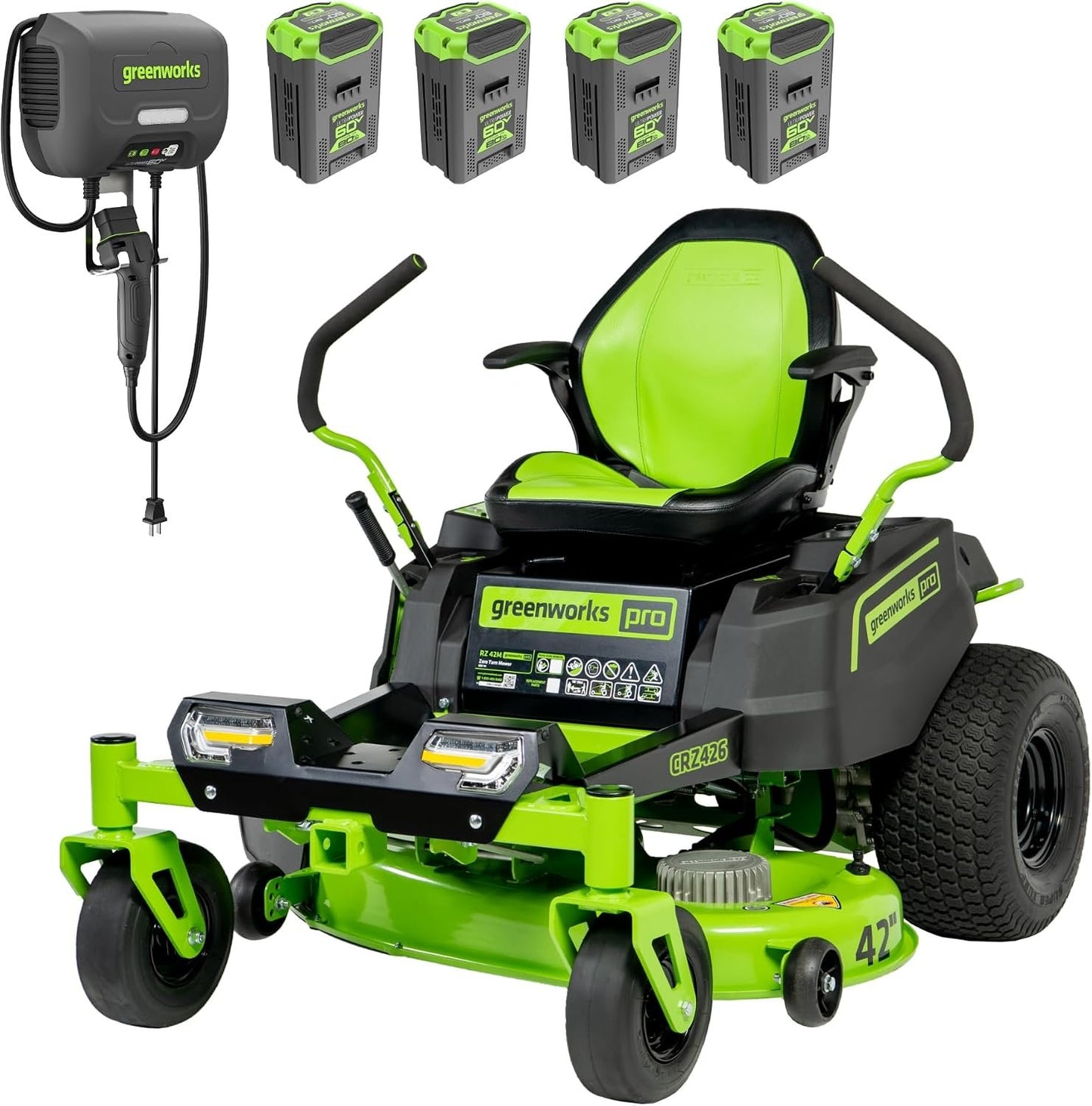 Greenworks 60V 30' Riding Lawn Mower (1.25 Acre, 16 HP Gas Equivalent, 6 MPH, Tow Up to 200 lbs.), (4) 8.0Ah Batteries (1,920 Wh Max) + Turbo Wall Charger