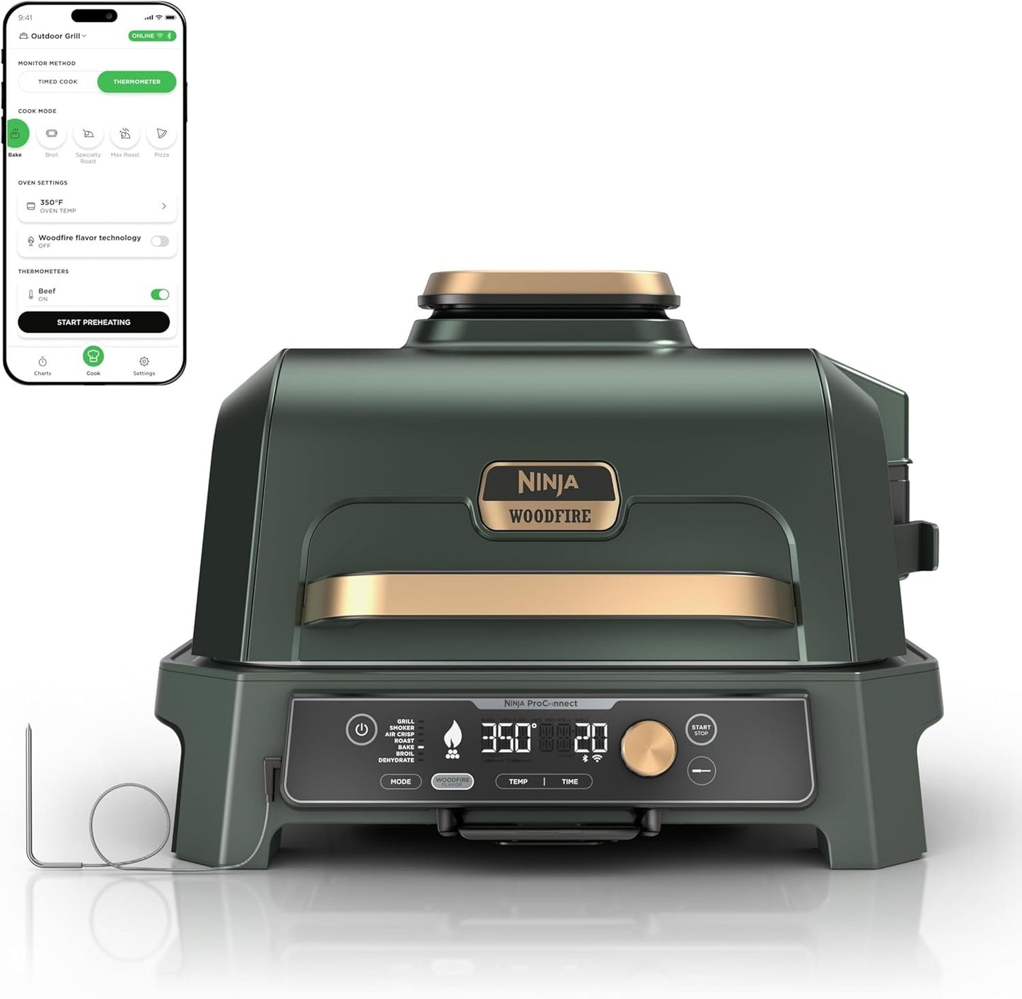 Ninja Woodfire Pro Connect XL Outdoor Grill & Smoker | Bluetooth, App Enabled | 7-in-1 Grill, BBQ Smoker, Outdoor Air Fryer | Woodfire Technology | Built-In Thermometer | Green & Gold | OG951GN2