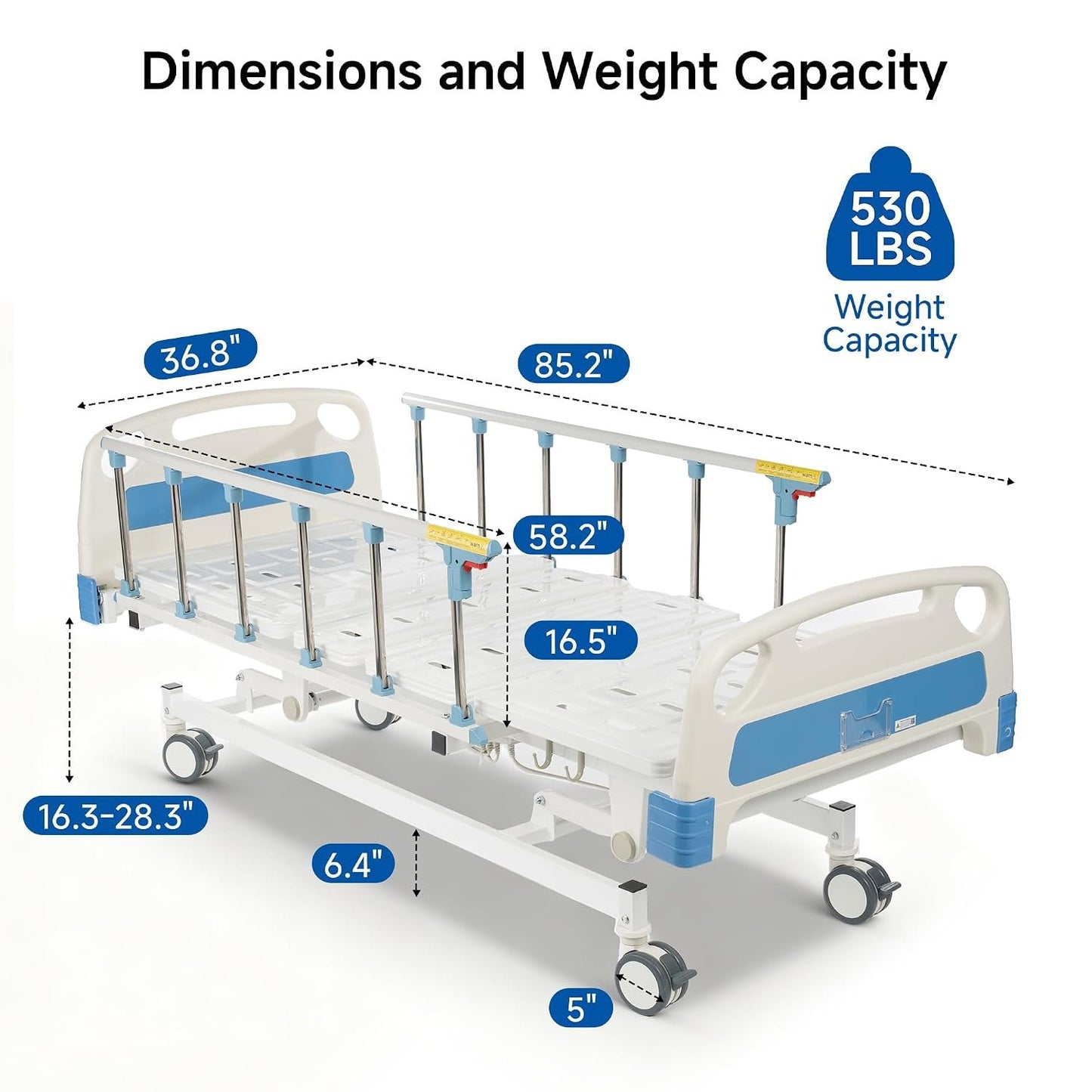 Real Relax Premium 3 Function Full Electric Hospital Bed (with Mattress &amp; IV Pole), Premium Medical Hospital Beds, with Locking Casters, Motor, 530LBS Loading, Includes Sheets (2X)