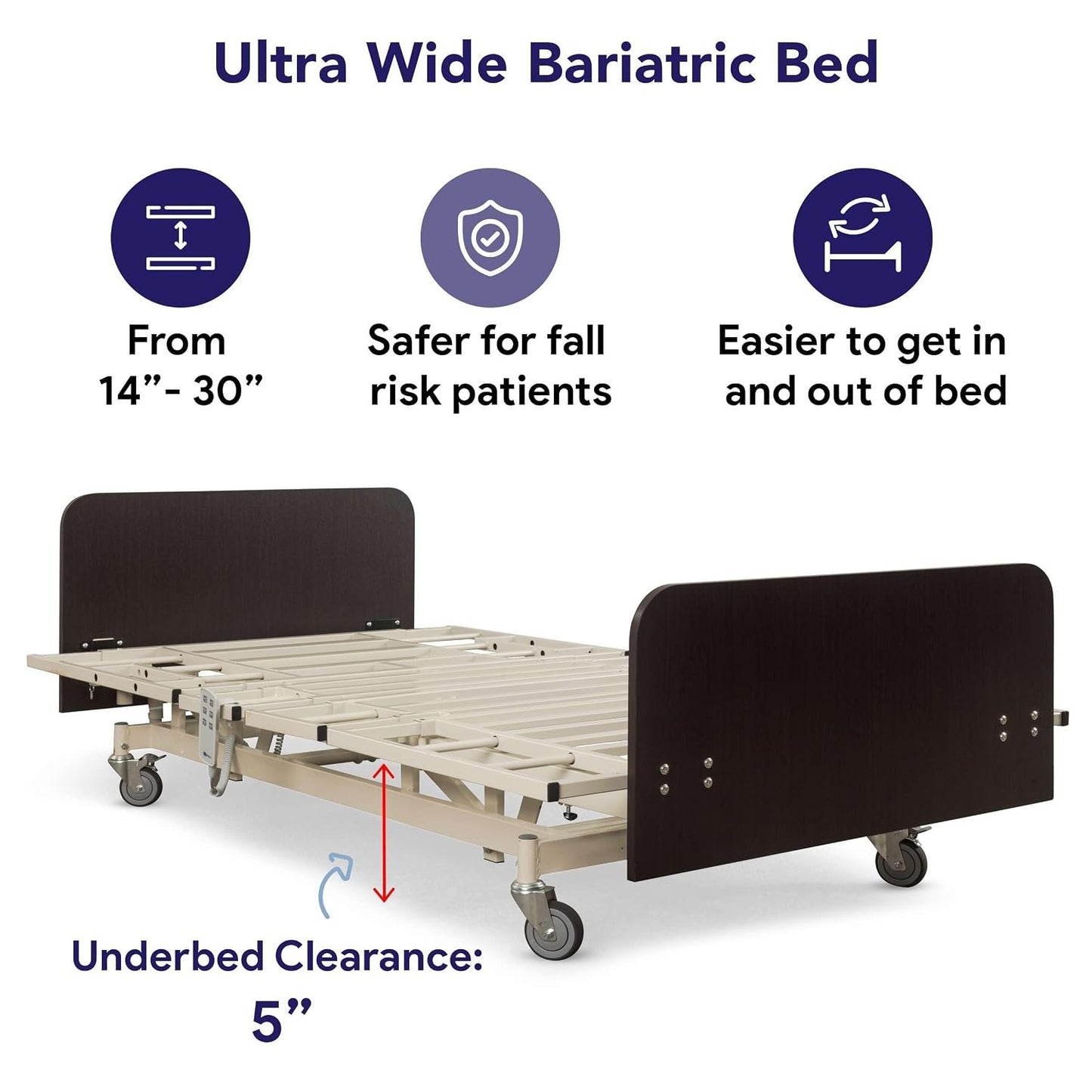 Ultra Wide Adjustable Hospital Bed With 48" Foam Mattress - 14"-30" Height Range, 36”-42”-48” Width Range, 80”-88” Length Range - Full Electric Bariatric Medical Bed, 8 Function Hand Pendant -Mahogany
