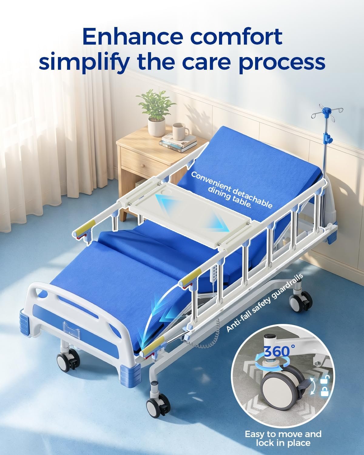 4 Function 600LBS Full Electric Hospital Bed, Beds for Home Use, Special Needs Medical Bed for Seniors with Mattress, Adjustable Hospital, Frame IV Pole, Medical Equipment Beds