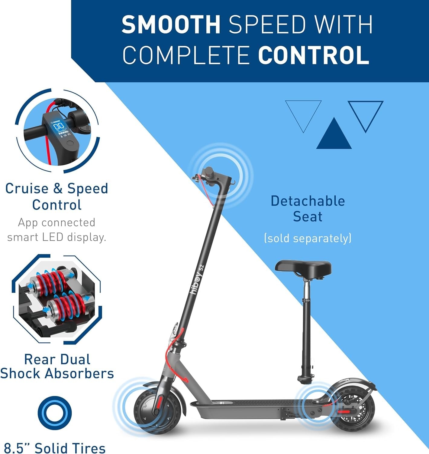 Hiboy S2 Electric Scooter - 8.5" Solid Tires - Up to 17 Miles Long-Range & 19 MPH Portable Folding Commuting Scooter for Adults with Double Braking System and App