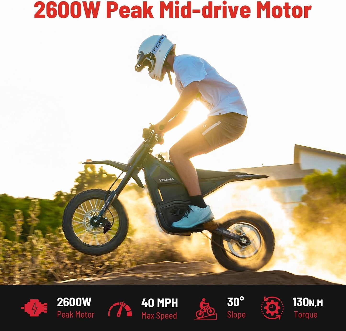 Yozma IN10 Electric Dirt Bike, 2600W 40MPH Electric-Motorcycle with 48V/23AH Battery Ebike, Full Hydraulic Brakes and Suspensions Mountain Off-Road E Dirt Bike, for Teens &amp; Adults
