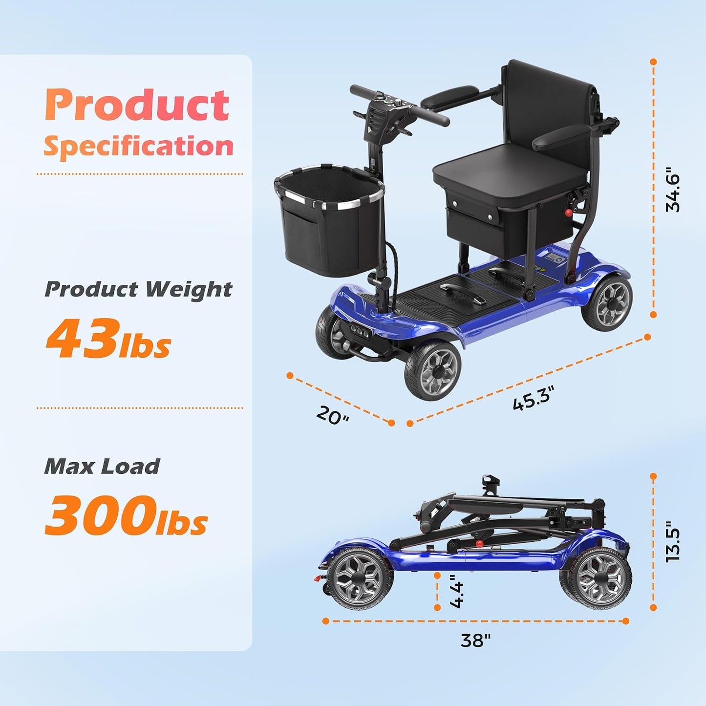 Lightweight Mobility Scooter for Adults &amp; Seniors - Cruise &amp; Airport Approved, 43lb Foldable Portable Motorized Scooters with Removable Lithium Battery for 12.4 Miles Travel, 300lb Capacity, Blue