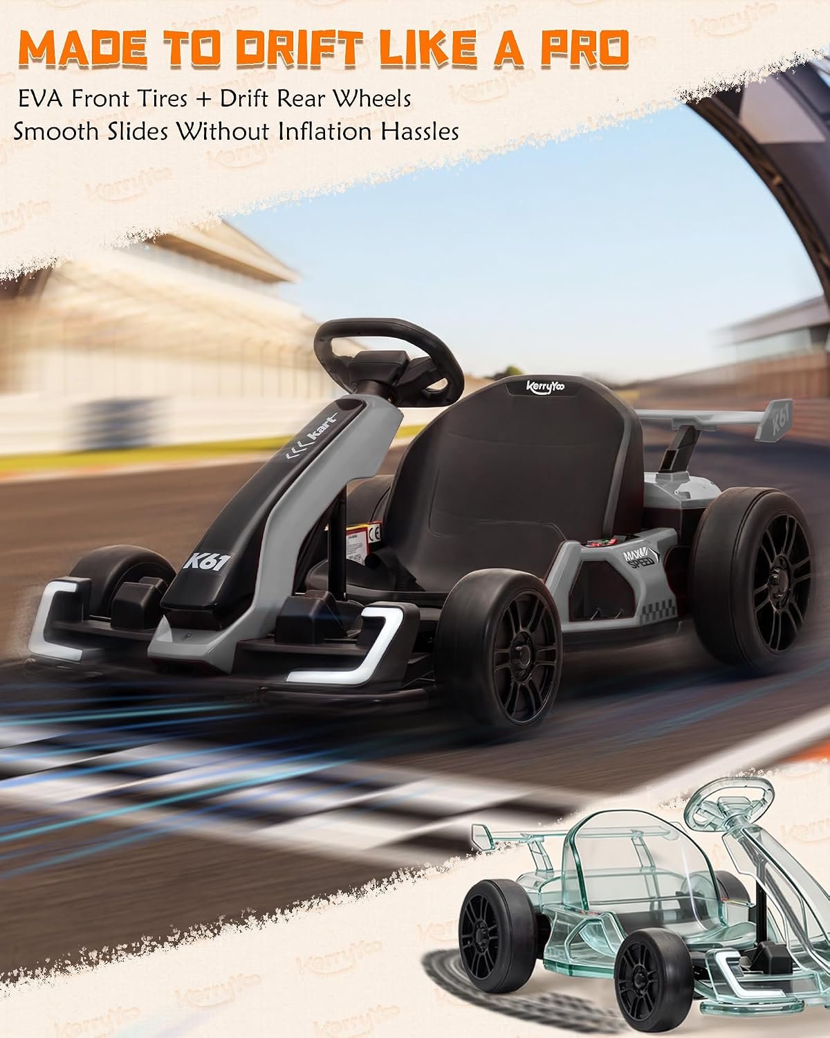 KerryYoo K61 Go Kart Electric Drift Kart with Length Adjustable Seat, 24V Outdoor Ride on Toy with 4 Speed Mode, Crazy Kart for Kids 6-12 Years Old, Fast 300W Motor, 8.5 MPH, Bluetooth - Gray