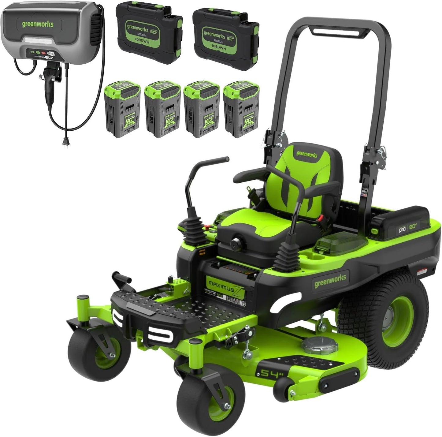 Greenworks 60V 30' Riding Lawn Mower (1.25 Acre, 16 HP Gas Equivalent, 6 MPH, Tow Up to 200 lbs.), (4) 8.0Ah Batteries (1,920 Wh Max) + Turbo Wall Charger