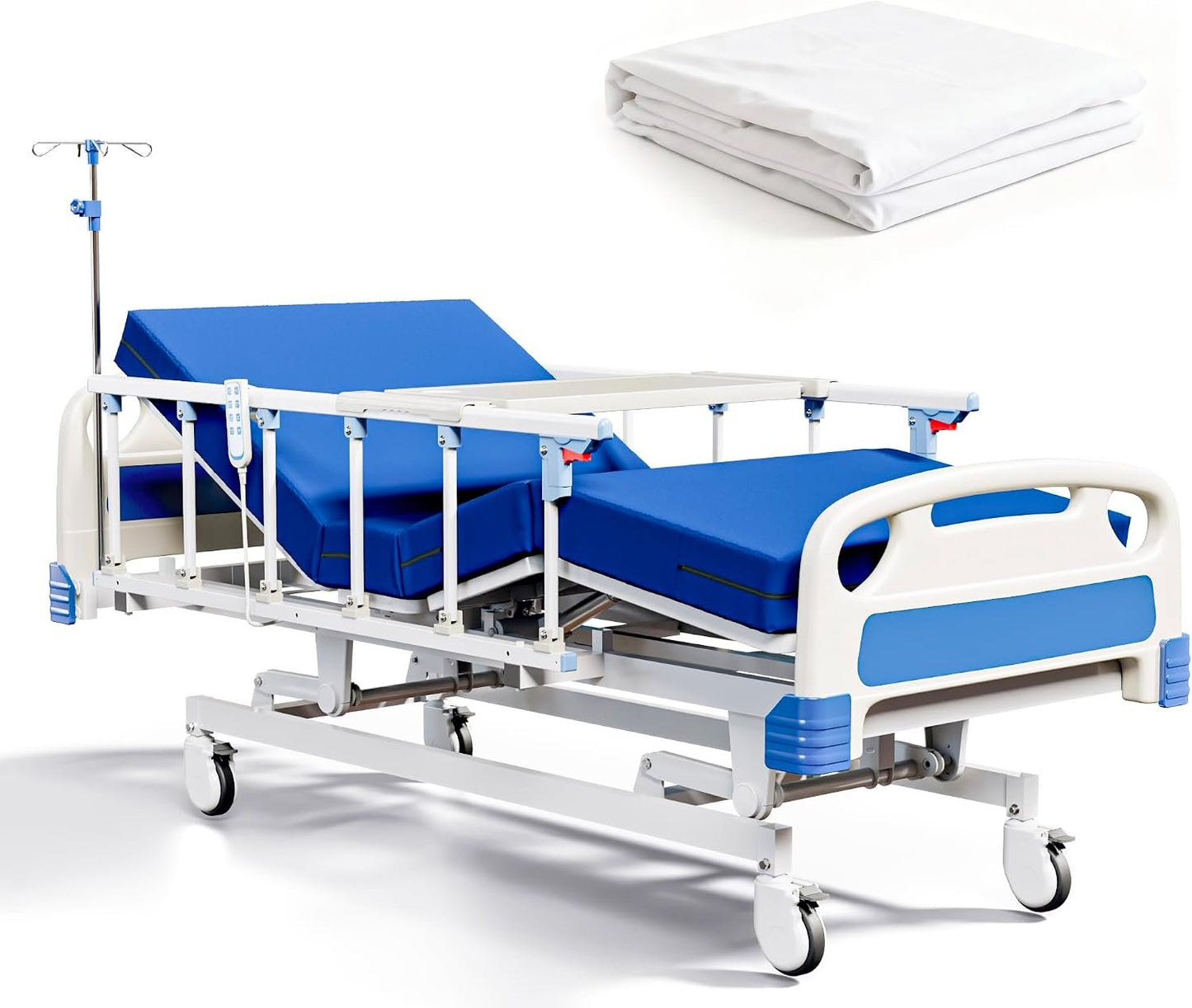 Premium Full Electric Hospital Bed for Home Use, 5 Function Medical Bed with 4.7” Foam Mattress, Height Adjustable, Central Locking System, Includes Sheets (2X) (5 Function)
