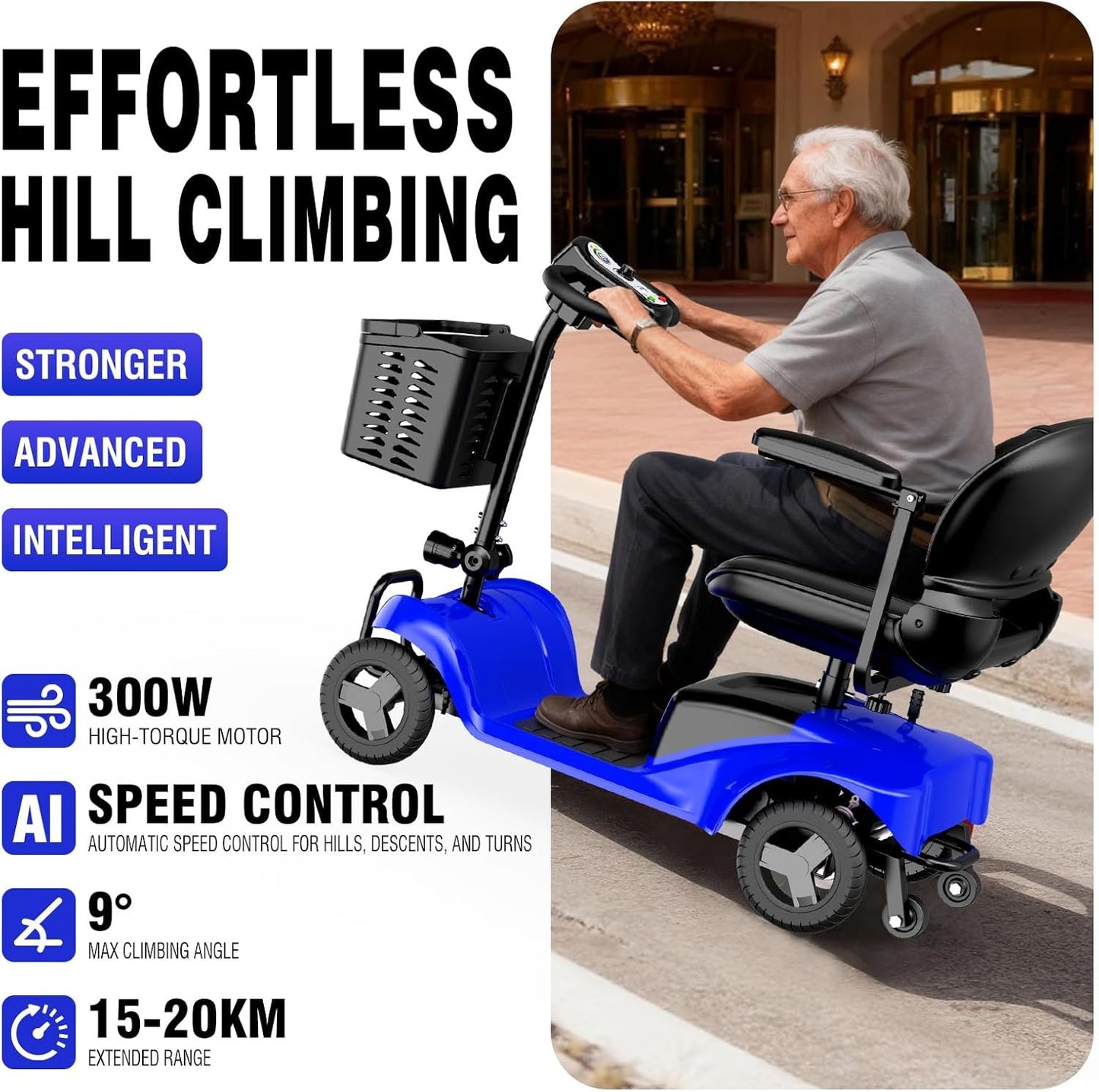 Mobility Scooter,4 Wheel Mobility Scooter,15 Miles Range,300W Motor, 300LBS Capacity,Lightweight and Portable,with LED Headlights and Basket,Charger Included,Blue