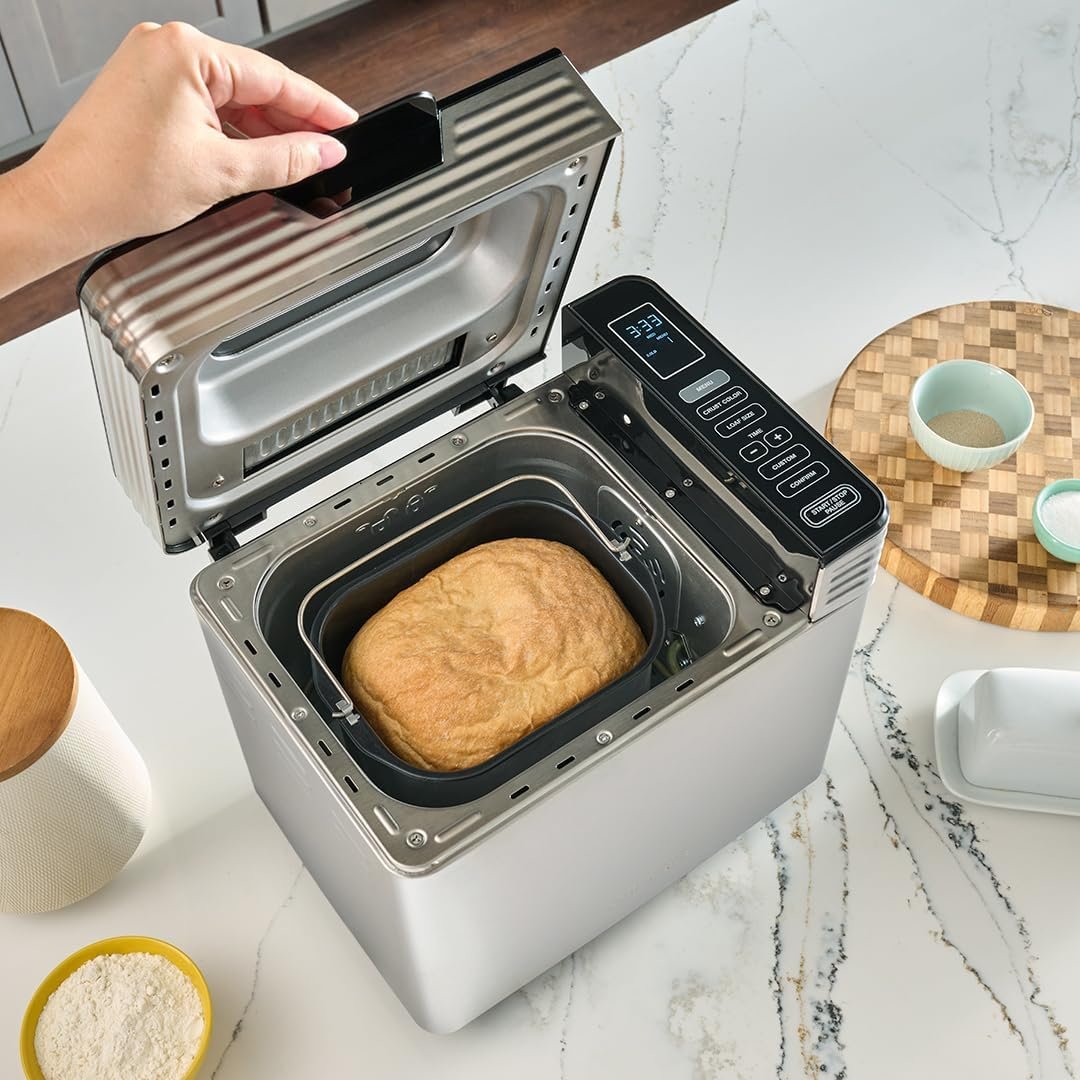 Cuisinart Bread Maker Machine, Stainless Steel Convection Bread Machine with 16 Menu Options, 3 Loaf Sizes Up to 2 Lb., 3 Crust Colors, Includes Measuring Cup, Spoon & Kneading Hook, CBK-210