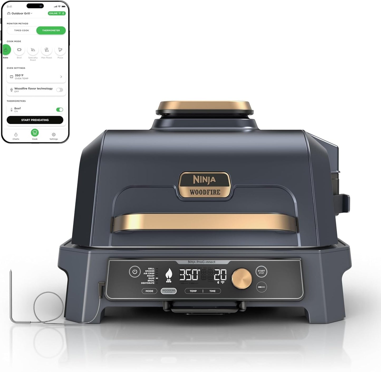 Ninja Woodfire Pro Connect XL Outdoor Grill & Smoker | Bluetooth, App Enabled | 7-in-1 Grill, BBQ Smoker, Outdoor Air Fryer | Woodfire Technology | Built-In Thermometer | Green & Gold | OG951GN2