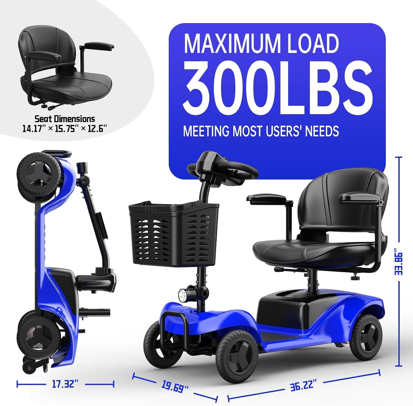 Mobility Scooter,4 Wheel Mobility Scooter,15 Miles Range,300W Motor, 300LBS Capacity,Lightweight and Portable,with LED Headlights and Basket,Charger Included,Blue