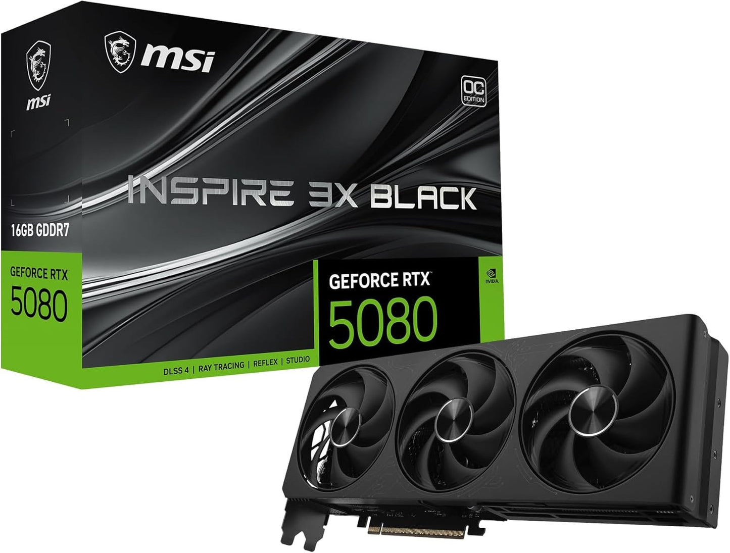 msi Gaming RTX 5080 16G Inspire 3X OC Black Graphics Card (16GB GDDR7, 256-bit, Extreme Clock 2655 MHz, DisplayPort x 3 2.1a, HDMI 2.1b, NVIDIA Blackwell Architecture)