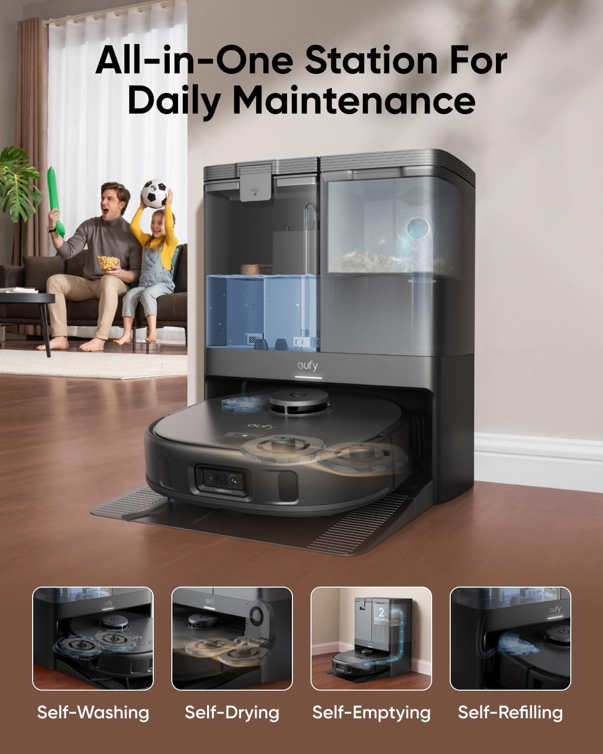 eufy X10 Pro Omni Robot Vacuum and Mop Combo, Incredible Suction, Dual Mops with 12 mm Auto-Lift and Carpet Detection, AI Obstacle Avoidance, Auto Mop Washing&amp;Drying, Self-Emptying, Self-Refilling