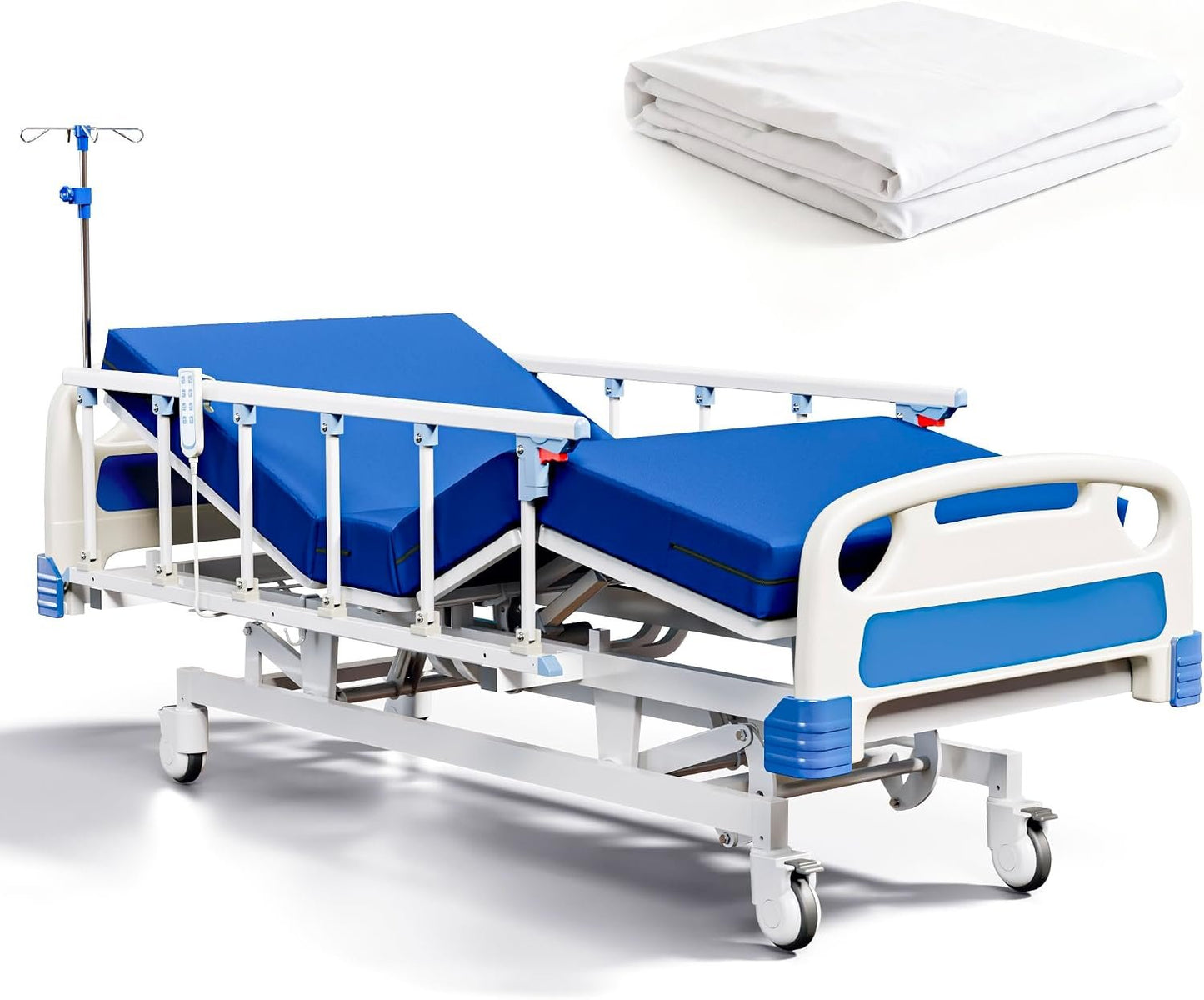 Premium Full Electric Hospital Bed for Home Use, 5 Function Medical Bed with 4.7” Foam Mattress, Height Adjustable, Central Locking System, Includes Sheets (2X) (5 Function)