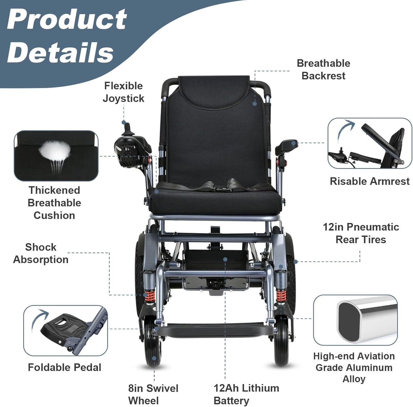 2025 Reclining Electric Wheelchair – 30+ Mile Range, Foldable All-Terrain Power Chair with Dual Batteries, Headrest &amp; Telescopic Handle