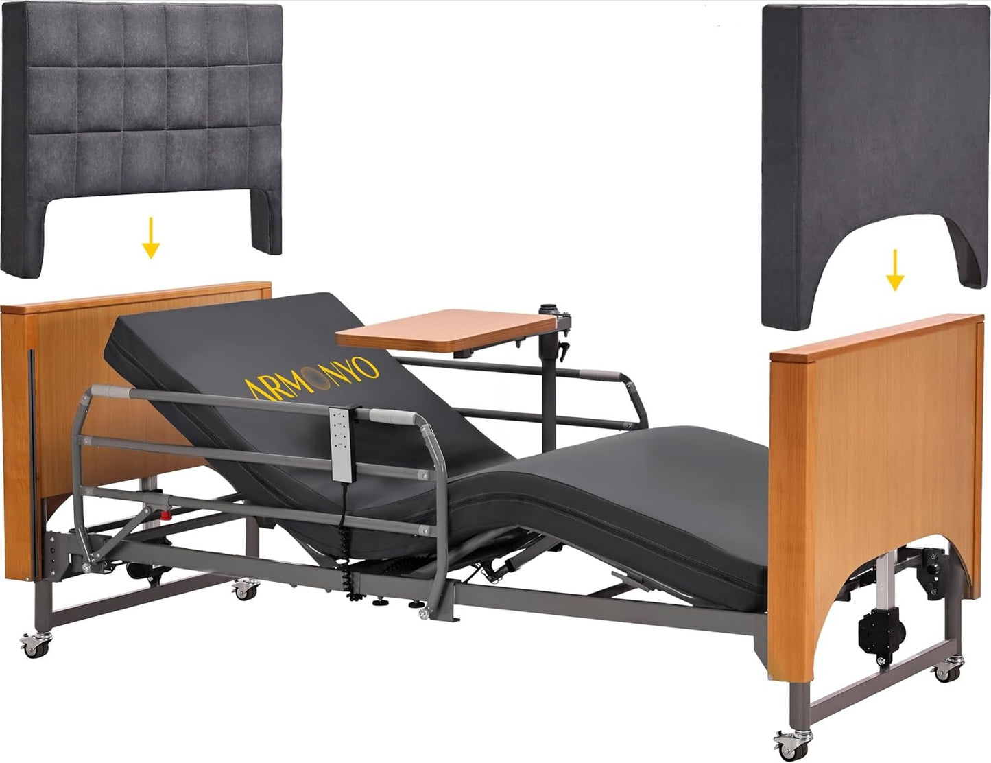 Electric Hospital Bed for Home Use – 5 Functions, Advanced German LIMOSS Motor, Ultra-Low 8.5"–25" Adjustable Height, Double Solid Wood Panels with Medical Overbed Table &amp; Foldable Rails