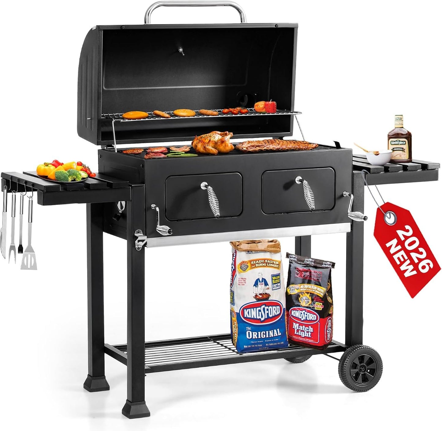 30 Inch Barrel Charcoal Grill and Offset Smoker, 1015 sq. in. Cooking Area Outdoor BBQ Grill, Perfect for Outdoor Cooking Barbecue Patio Garden Backyard Party