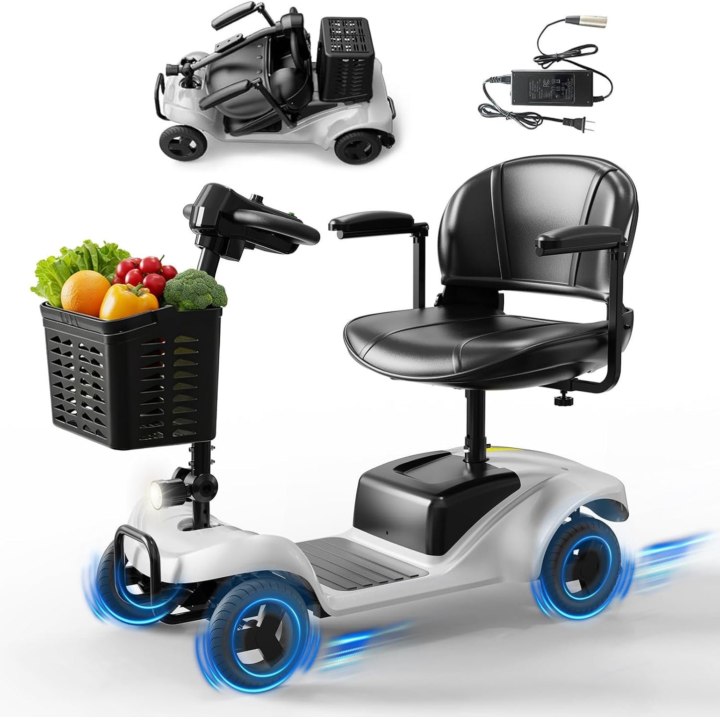Mobility Scooter,4 Wheel Mobility Scooter,15 Miles Range,300W Motor, 300LBS Capacity,Lightweight and Portable,with LED Headlights and Basket,Charger Included,Blue