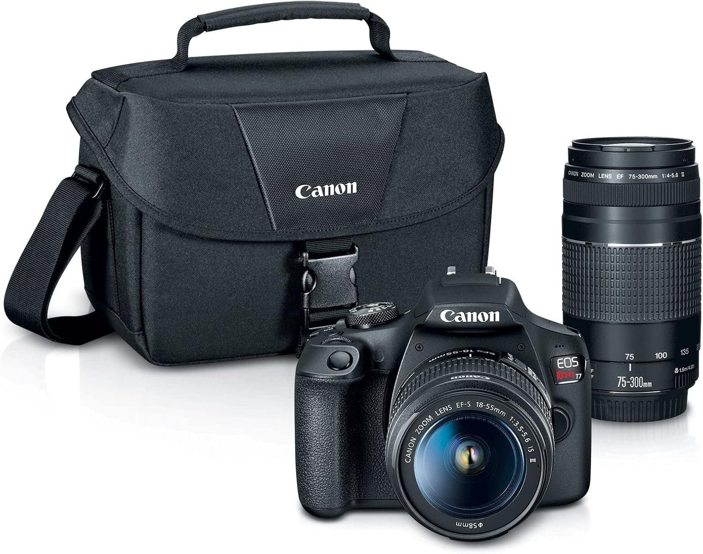 Canon EOS Rebel T7 DSLR Camera Double Zoom Lens Kit with EF-S 18-55mm and EF 75-300mm Lenses, 24.1 Megapixel CMOS (APS-C) Sensor, Full HD Videos, Wi-Fi, Beginner Photographers, Digital Camera, Black | Canon Eos Rebel T7 Body with Ef-S 18-55mm F/3.5-5.6 Is