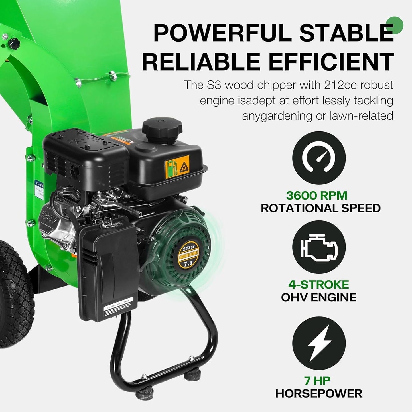 S3 Gas-Powered Wood Chipper Shredder, 7HP, 3" Max Diameter, Heavy Duty