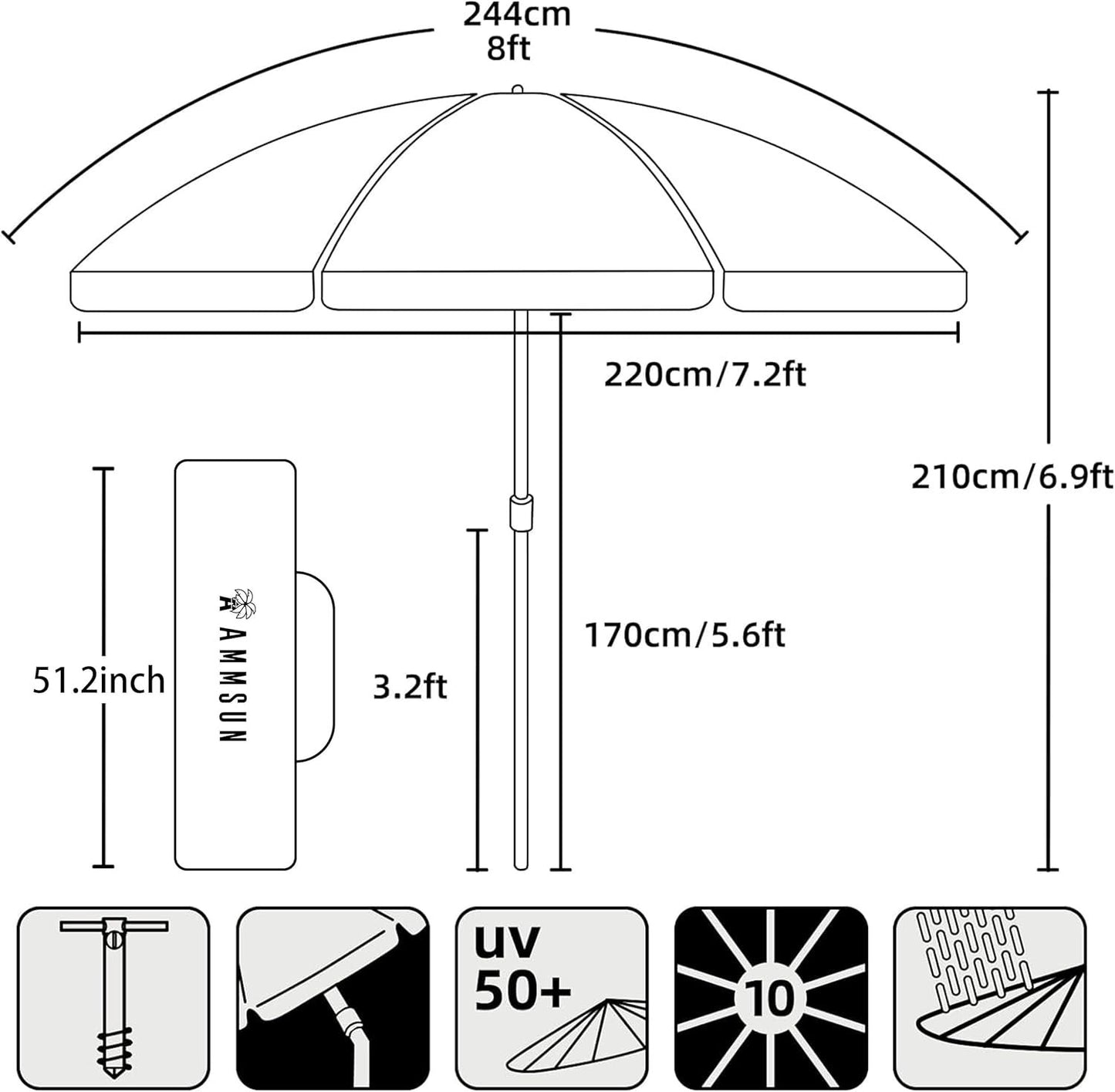 AMMSUN 8FT Beach Umbrella – Tilt, Sand Anchor, UPF 50+ UV Protection