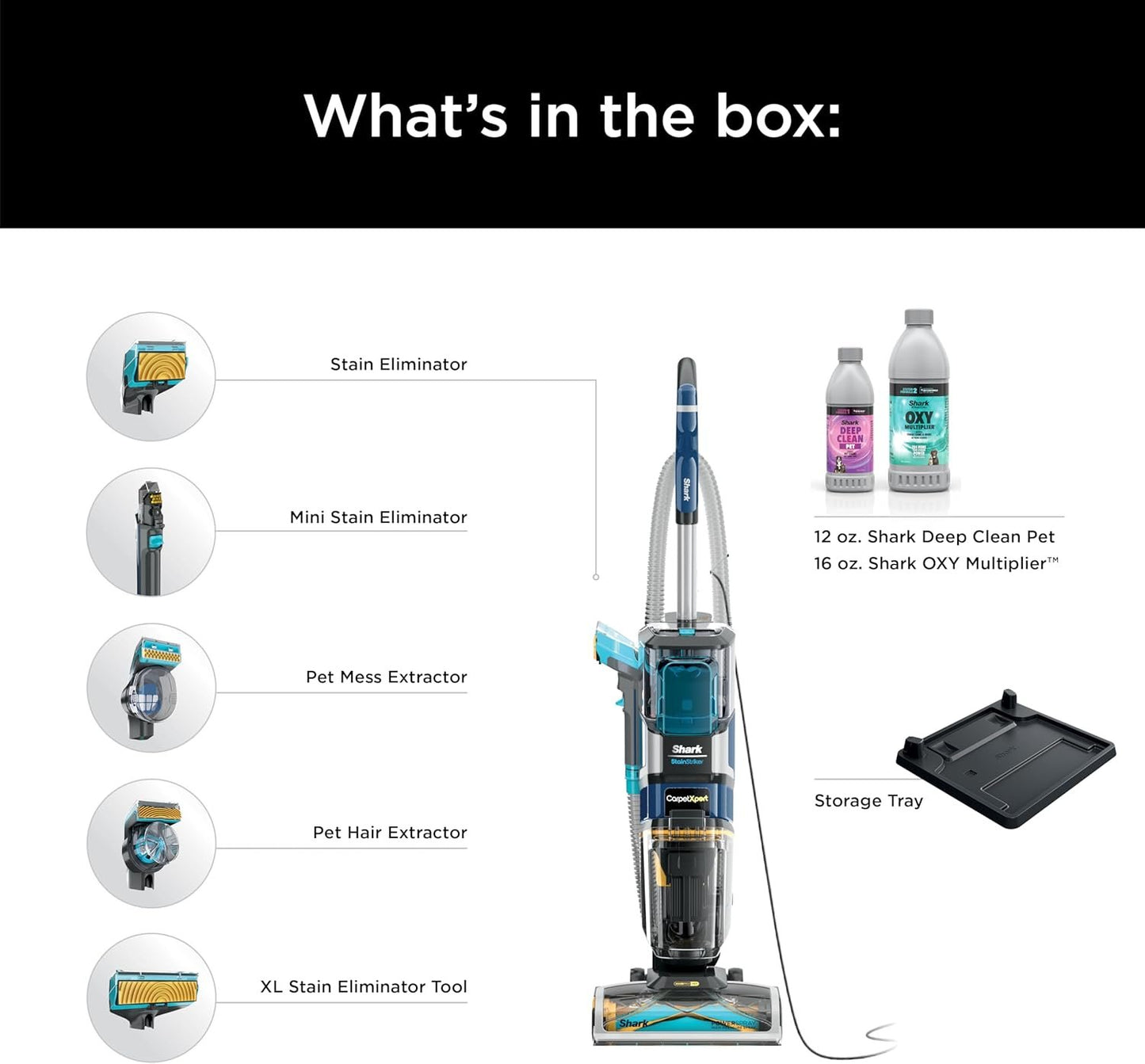 Shark CarpetXpert with StainStriker Upright Carpet, Area Rug & Upholstery Cleaner with Pet Mess Extractor Tool, Perfect for Pets, Carpet Shampooer, 3 Cleaning Tools, Cleaning Solutions, White, EX201