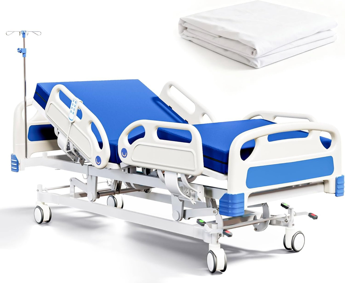 Premium Full Electric Hospital Bed for Home Use, 5 Function Medical Bed with 4.7” Foam Mattress, Height Adjustable, Central Locking System, Includes Sheets (2X) (5 Function)