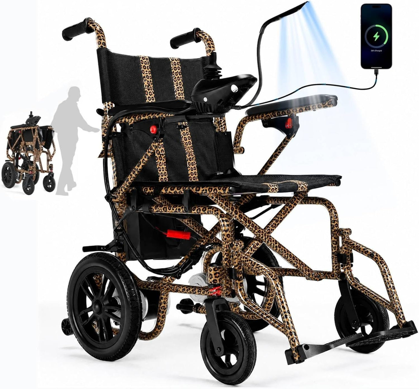 Electric Wheelchairs for Adults，Lightweight Foldable Wheelchair 15 Miles Long Travel Range, 360° Joystick Control Motorized Wheelchair, Support 286 lbs with LED Light Power Wheelchair (Purple)