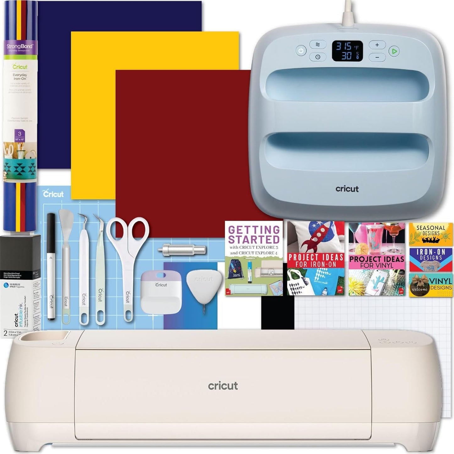 Cricut Explore 4 Machine with Vinyl and Iron-On Bundle - Beginner Friendly Craft Cutting Machine with Essential Materials, HTV and Adhesive Vinyl Variety Pack- DIY Decor Projects, Apparel and Decals