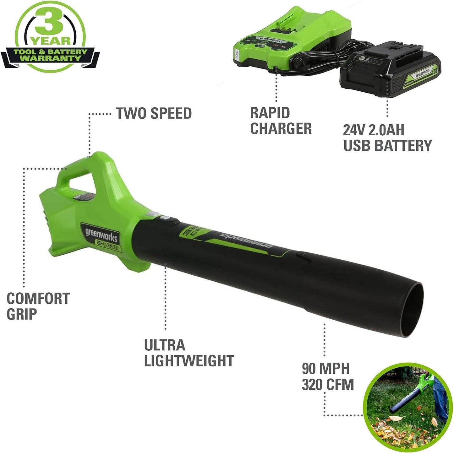 Greenworks 48V (24V x 2) Lawn Care Kit – 20" Mower, 12" Trimmer/Edger, 320 CFM Blower, Batteries Included