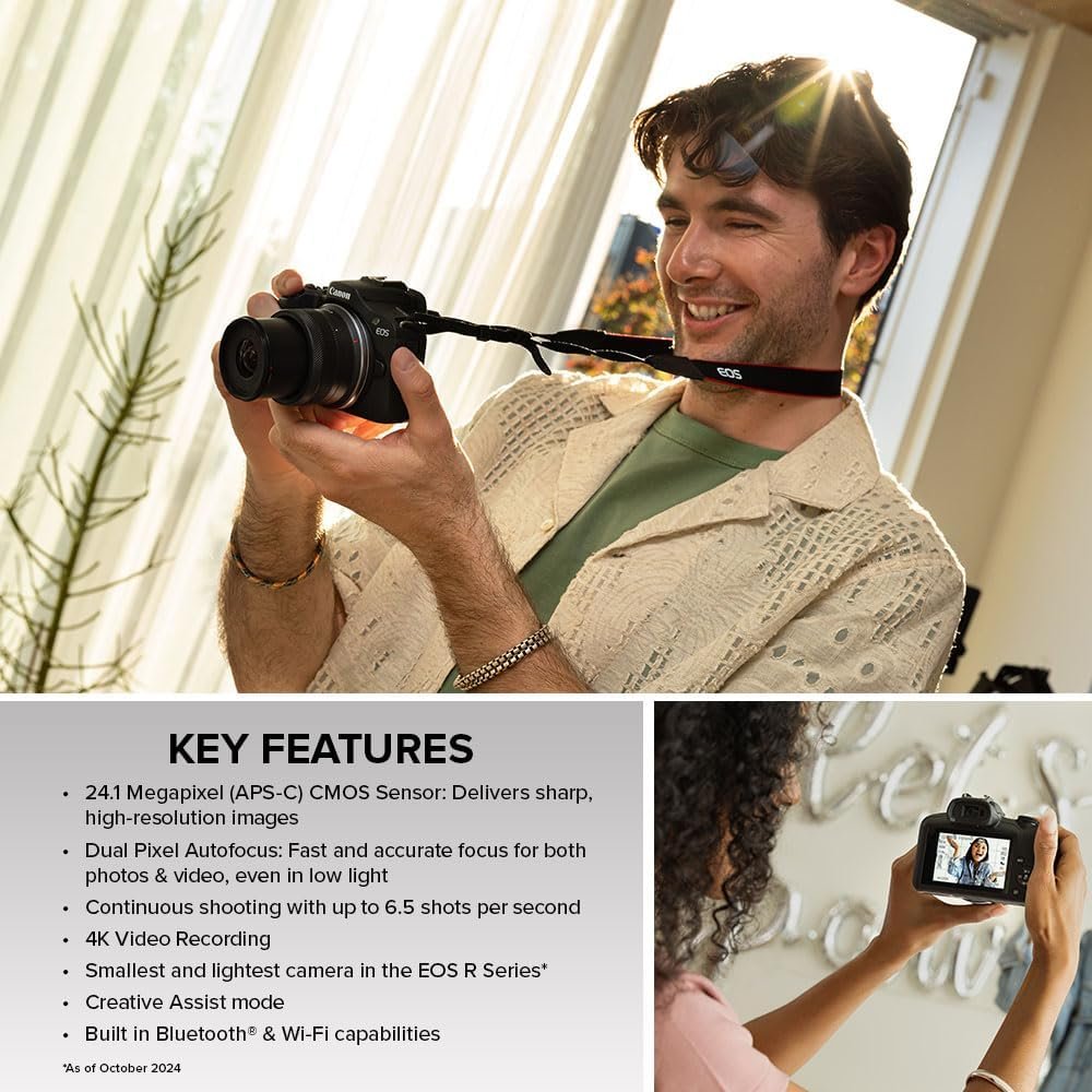 Canon EOS R100 Mirrorless Camera RF-S18-45mm F4.5-6.3 is STM Lens Kit, 24.1 Megapixel CMOS (APS-C) Sensor, 4K Video, Wi-Fi & Bluetooth, Beginner Photographers and Creators, Digital Camera, Black | 24.1MP Aps-C CMOS, 4K Video, Dual Pixel Af, Rf-S 18-45mm F