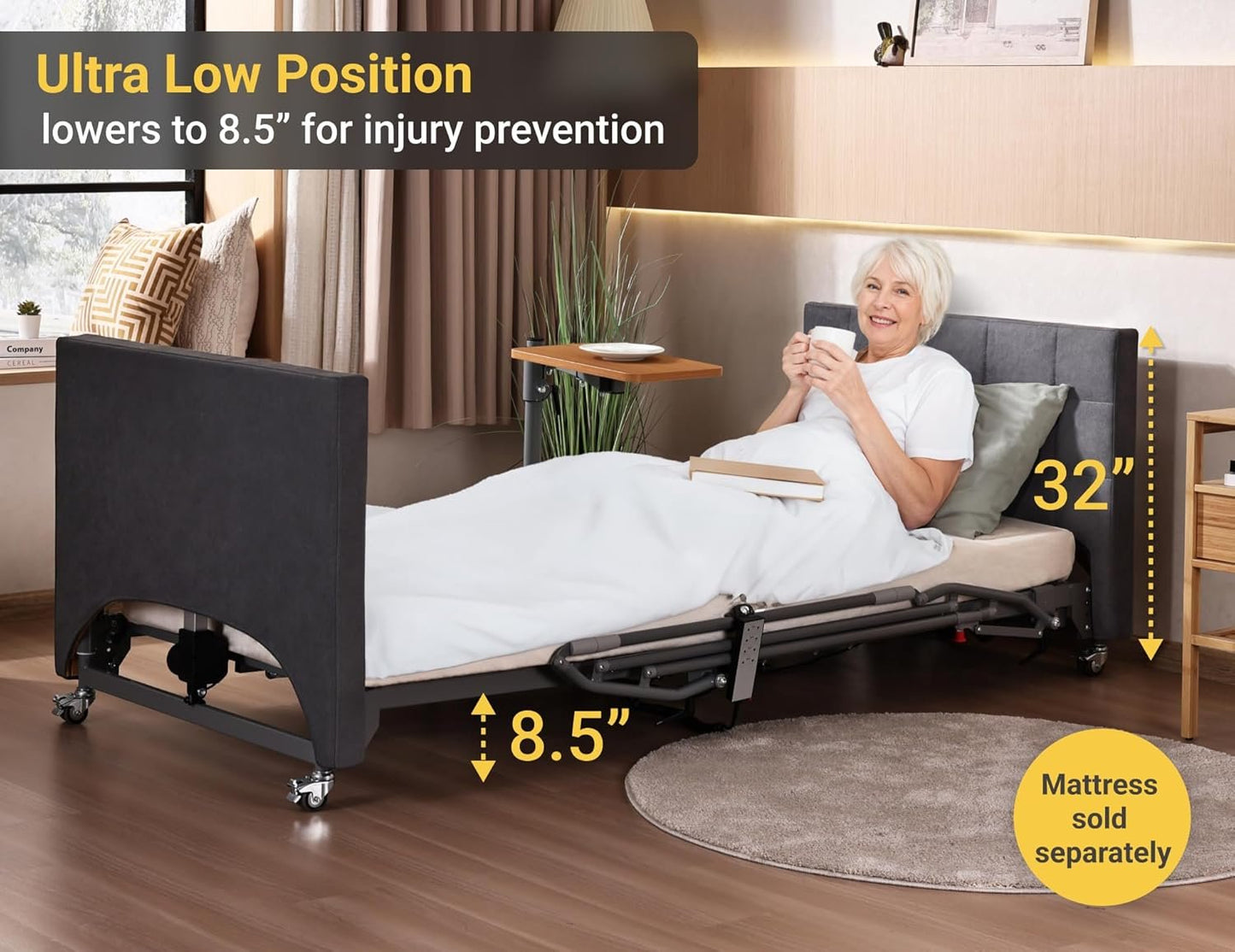 Electric Hospital Bed for Home Use – 5 Functions, Advanced German LIMOSS Motor, Ultra-Low 8.5"–25" Adjustable Height, Double Solid Wood Panels with Medical Overbed Table &amp; Foldable Rails