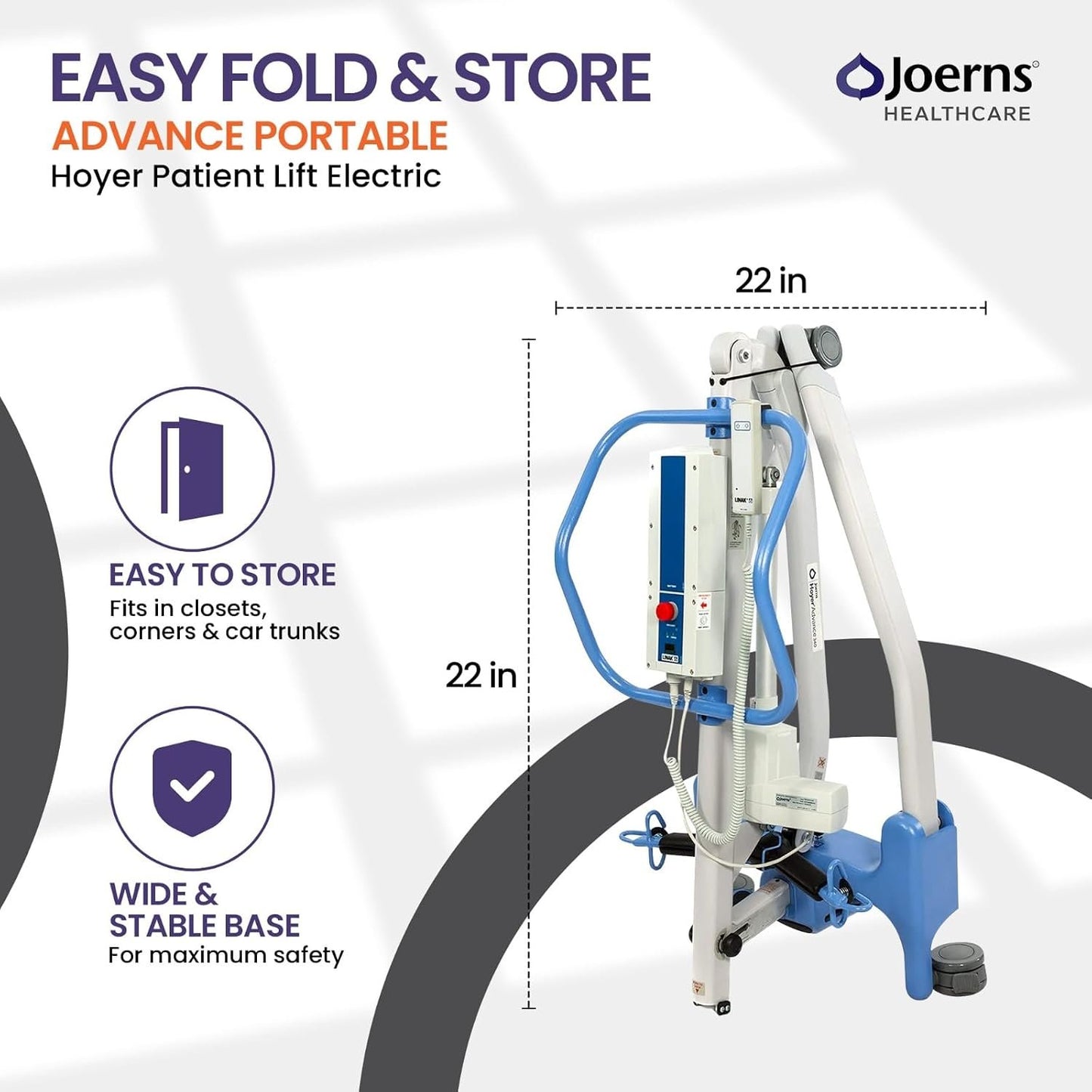 Joerns Hoyer Advance Electric Portable Patient Lift - Foldable Lightweight 70 lbs, 340 lb Capacity, Battery Powered for Home Care, Nursing &amp; Professional Use- E340