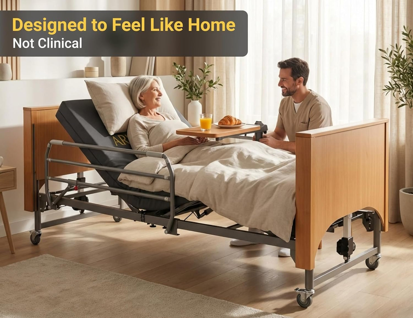 Electric Hospital Bed for Home Use – 5 Functions, Advanced German LIMOSS Motor, Ultra-Low 8.5"–25" Adjustable Height, Double Solid Wood Panels with Medical Overbed Table &amp; Foldable Rails