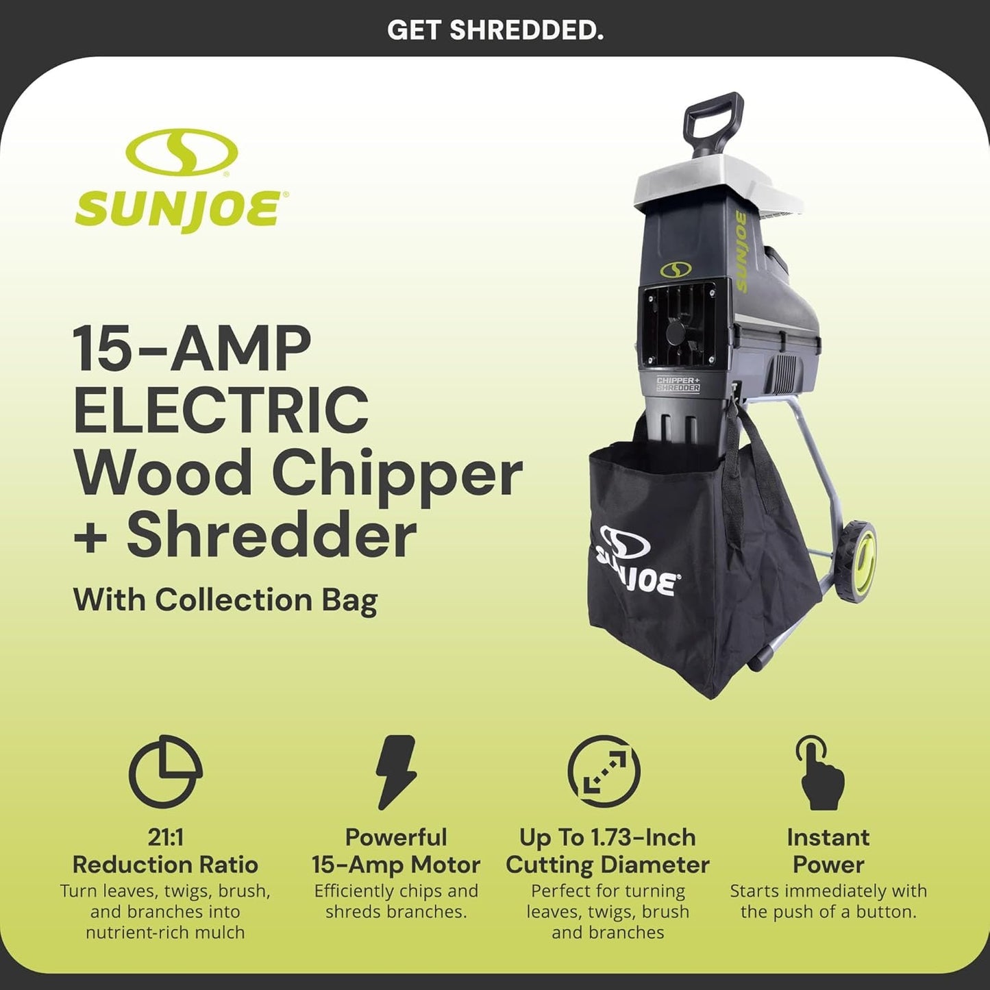 Sun Joe CJ603E Corded Wood Chipper & Shredder, 15A, 1.7" Cut Diameter