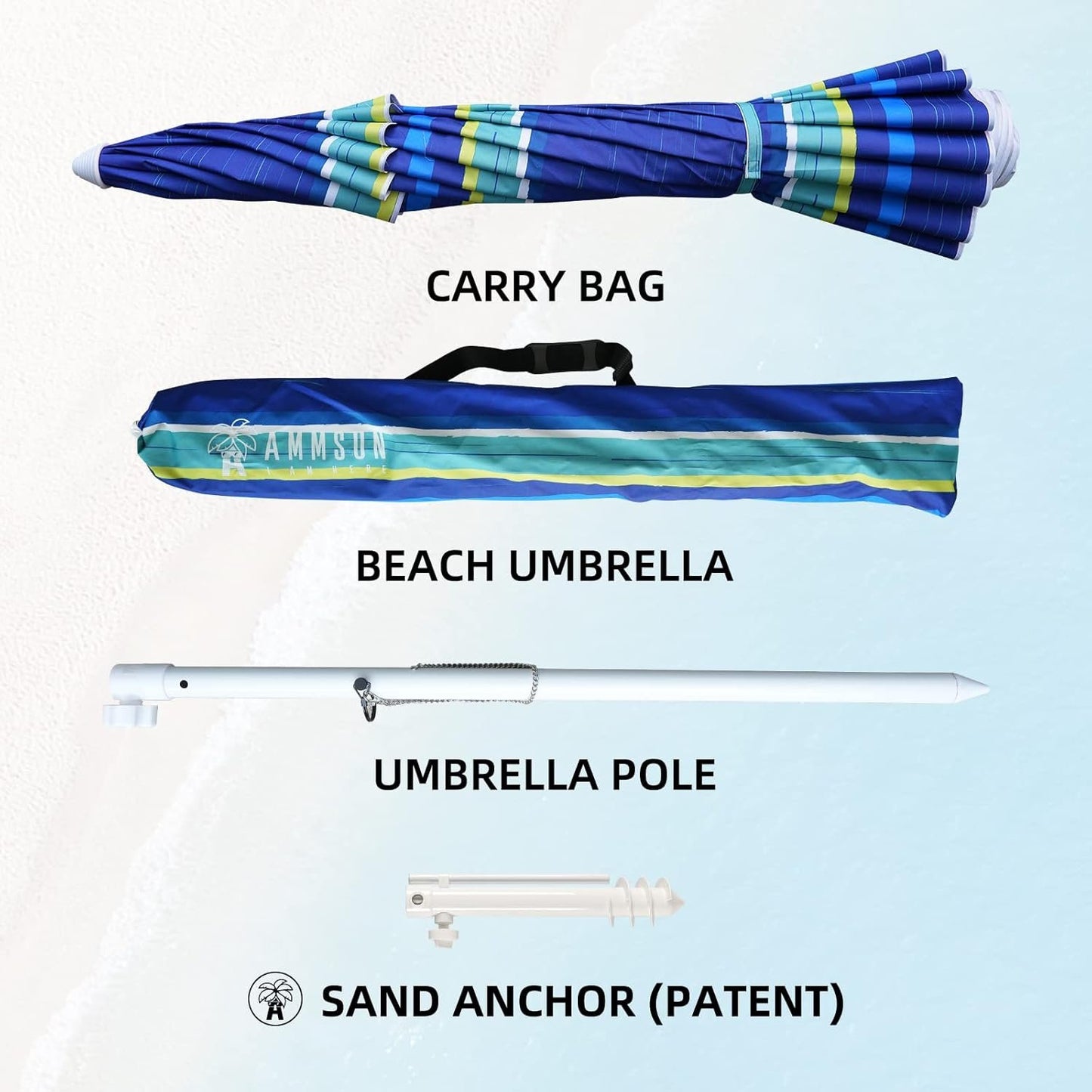 AMMSUN 8FT Beach Umbrella – Tilt, Sand Anchor, UPF 50+ UV Protection