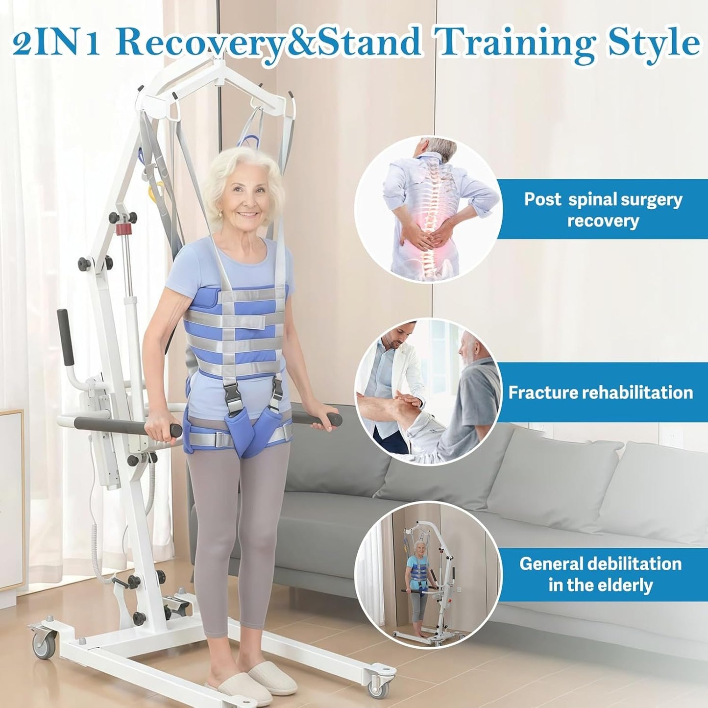 2IN1 Electric Patient Lift with Stand-Up Assist Rehabilitation-2 Slings Included-Multi-Functional Battery Powered Body Transfer Lift for Home,Wheelchair Toilet Car-Elderly, Disabled, Recovery