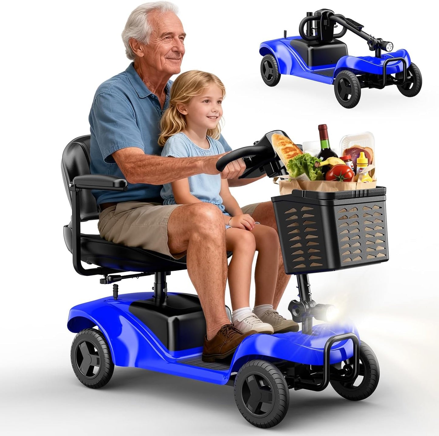 Mobility Scooter,4 Wheel Mobility Scooter,15 Miles Range,300W Motor, 300LBS Capacity,Lightweight and Portable,with LED Headlights and Basket,Charger Included,Blue