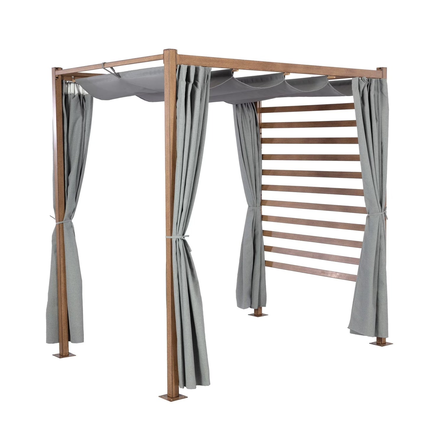 Marlow Pergola with Retractable Curtains and Faux Wood Finish, Grey
