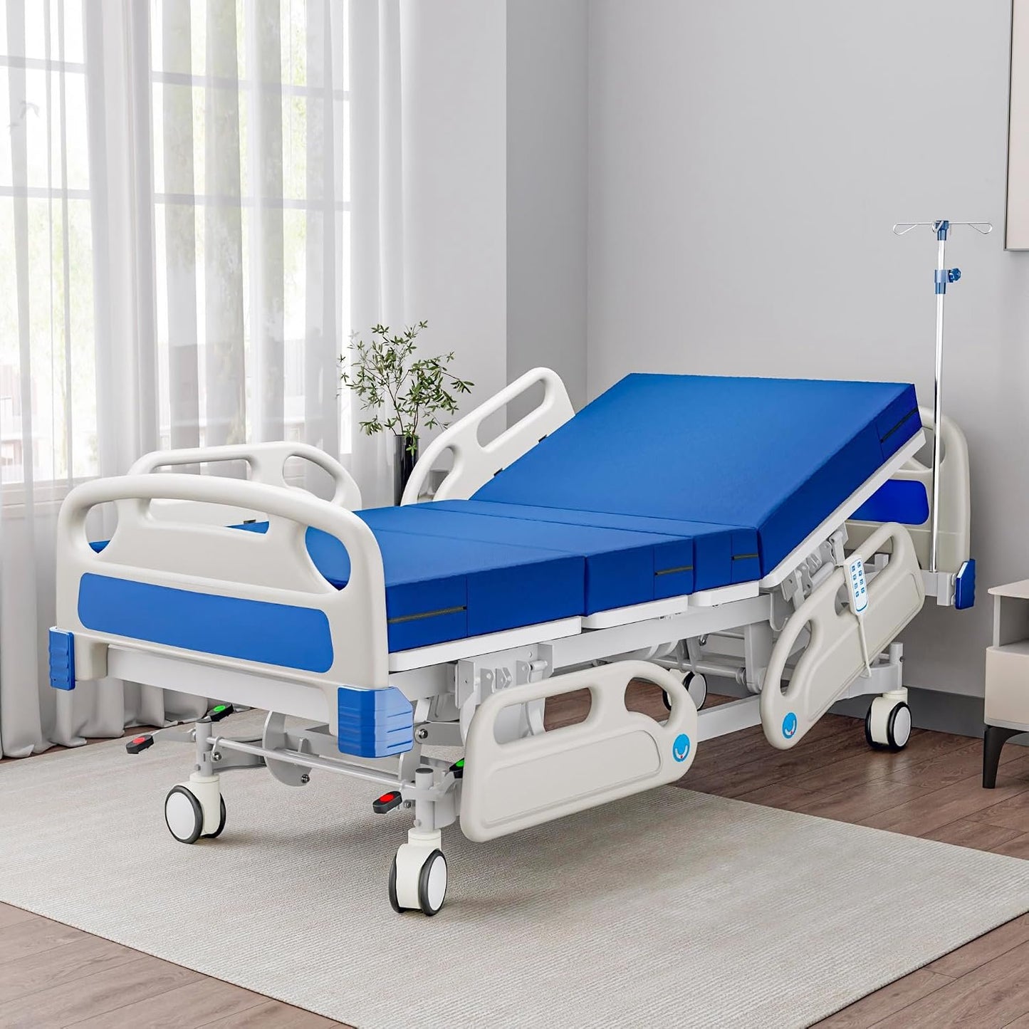 Premium Full Electric Hospital Bed for Home Use, 5 Function Medical Bed with 4.7” Foam Mattress, Height Adjustable, Central Locking System, Includes Sheets (2X) (5 Function)