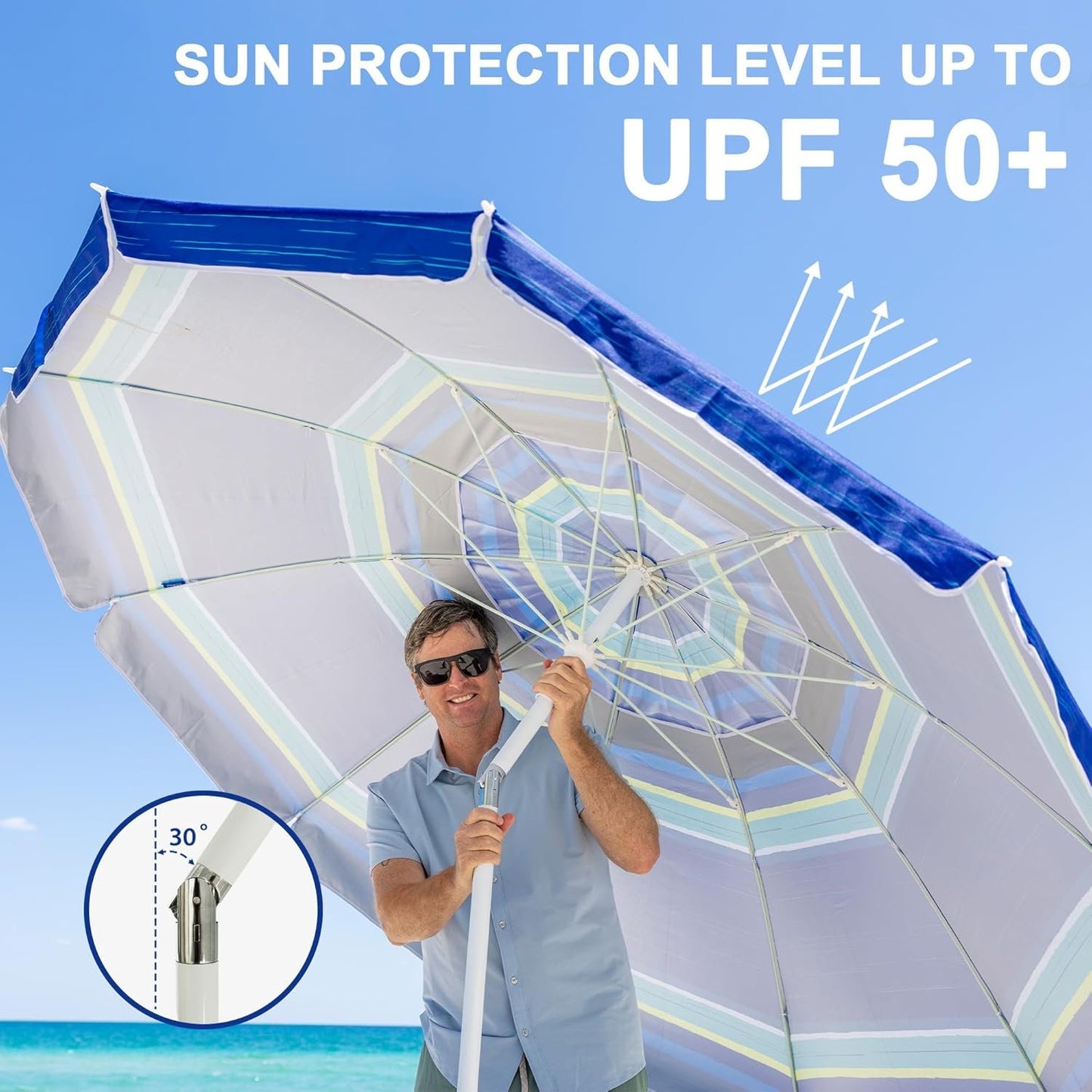 AMMSUN 8FT Beach Umbrella – Tilt, Sand Anchor, UPF 50+ UV Protection