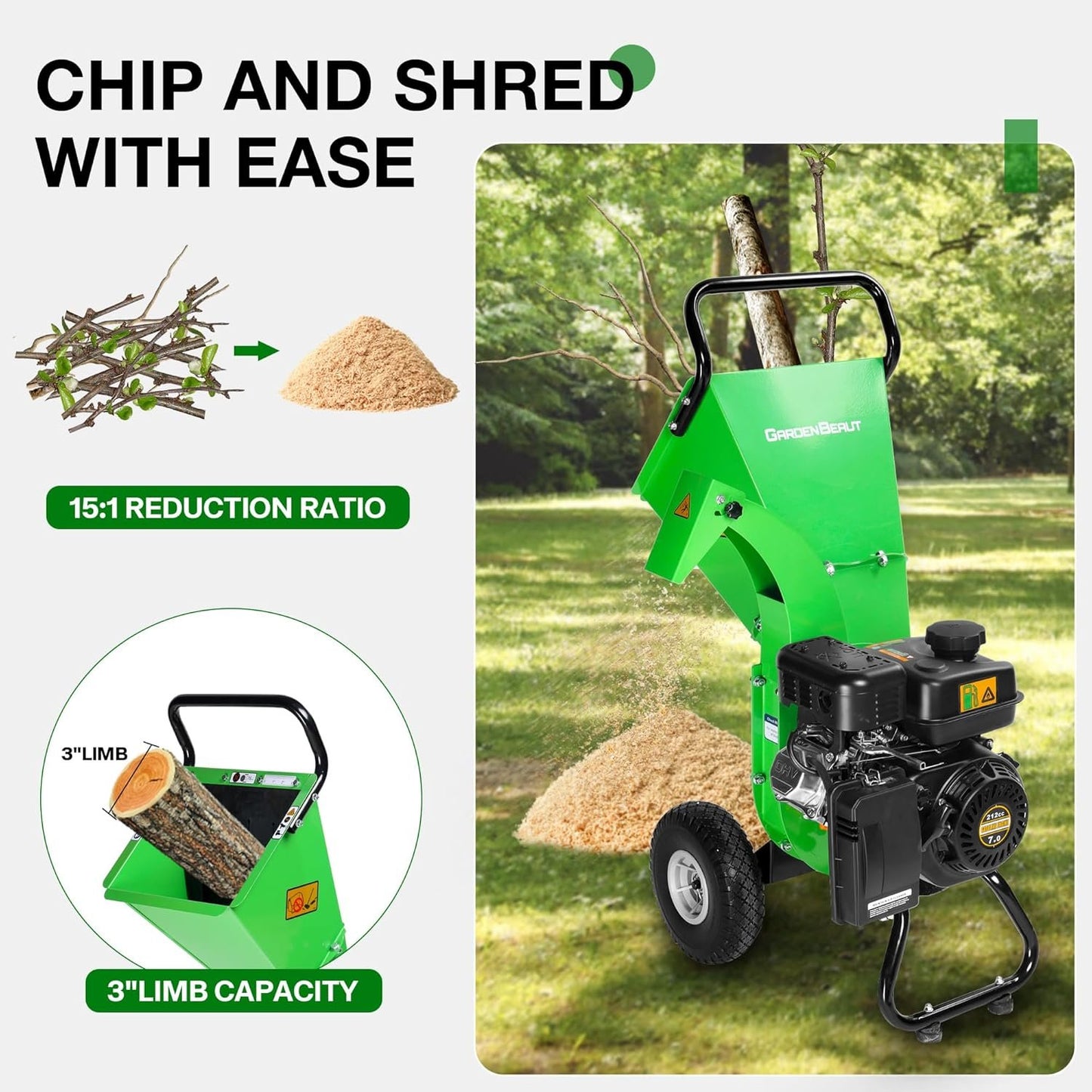 S1 Gas-Powered Wood Chipper, 7HP, 3" Max Diameter, High Reduction Ratio