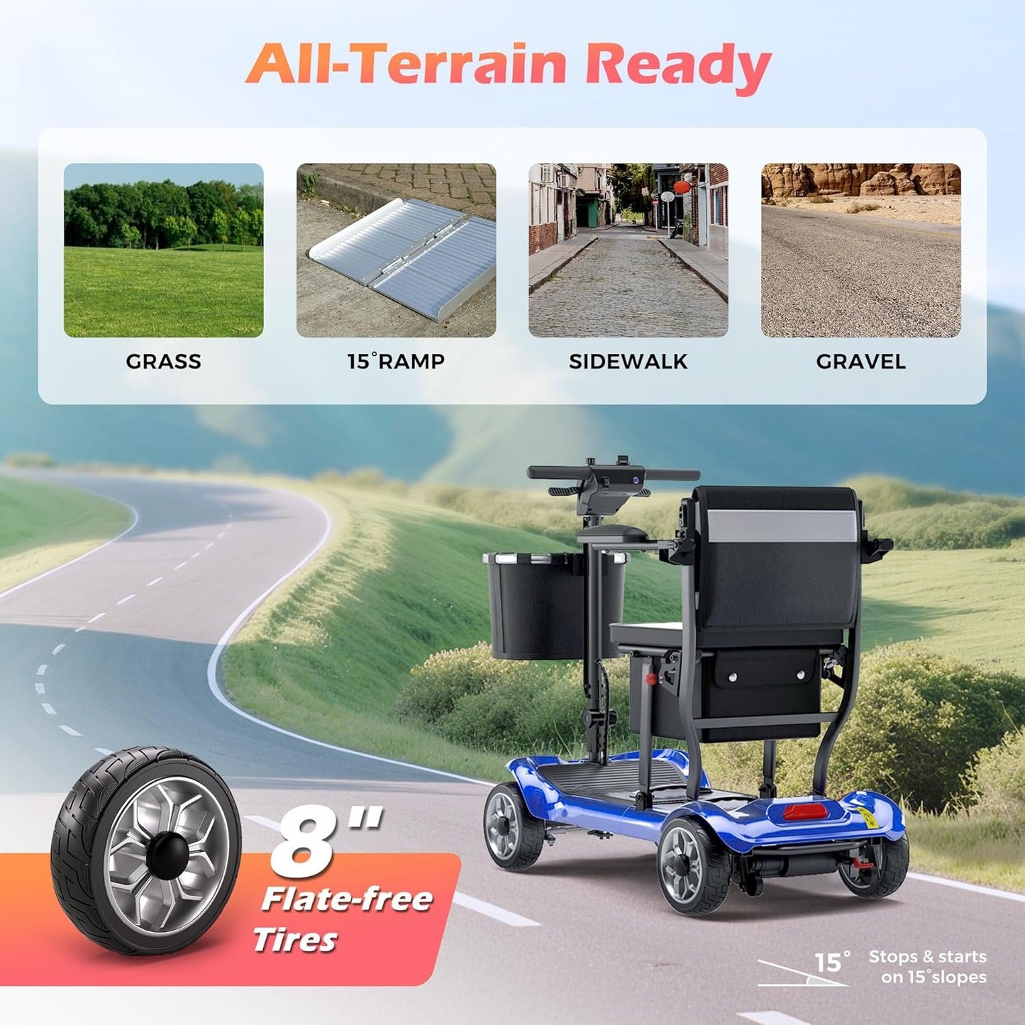 Lightweight Mobility Scooter for Adults &amp; Seniors - Cruise &amp; Airport Approved, 43lb Foldable Portable Motorized Scooters with Removable Lithium Battery for 12.4 Miles Travel, 300lb Capacity, Blue