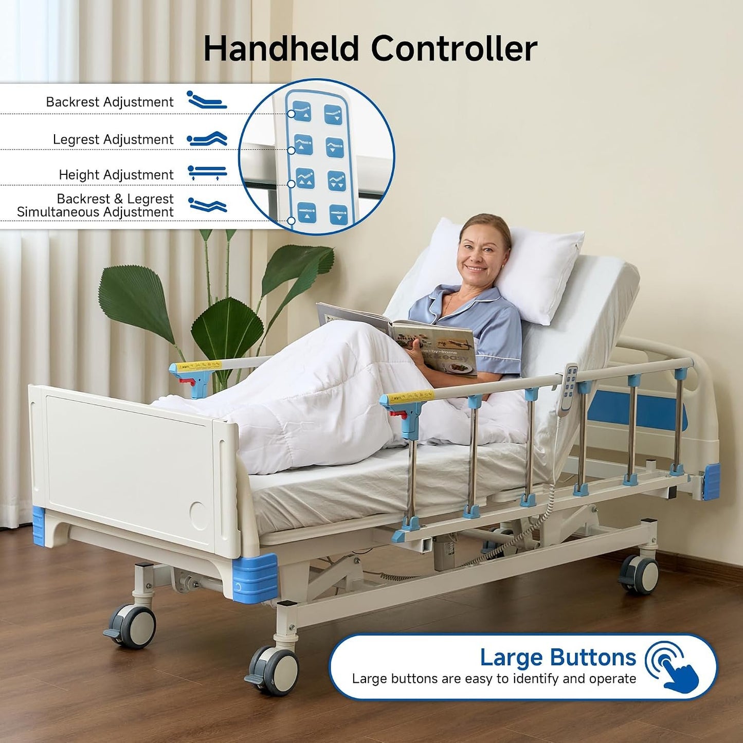 Real Relax Premium 3 Function Full Electric Hospital Bed (with Mattress &amp; IV Pole), Premium Medical Hospital Beds, with Locking Casters, Motor, 530LBS Loading, Includes Sheets (2X)