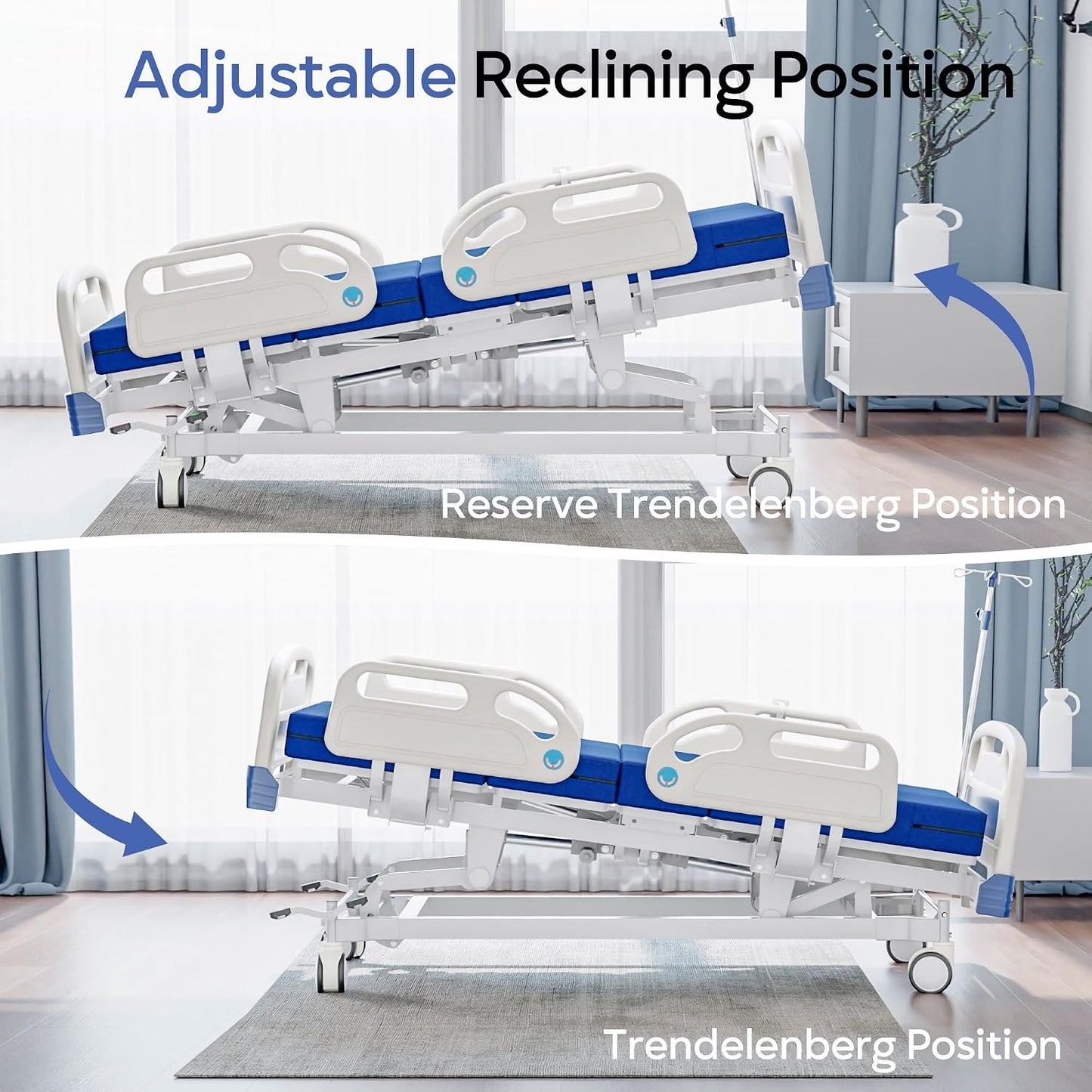 Premium Full Electric Hospital Bed for Home Use, 5 Function Medical Bed with 4.7” Foam Mattress, Height Adjustable, Central Locking System, Includes Sheets (2X) (5 Function)