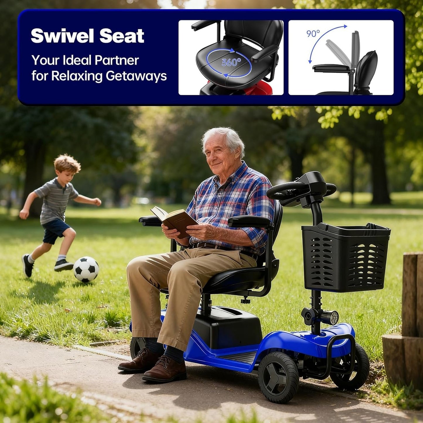 Mobility Scooter,4 Wheel Mobility Scooter,15 Miles Range,300W Motor, 300LBS Capacity,Lightweight and Portable,with LED Headlights and Basket,Charger Included,Blue