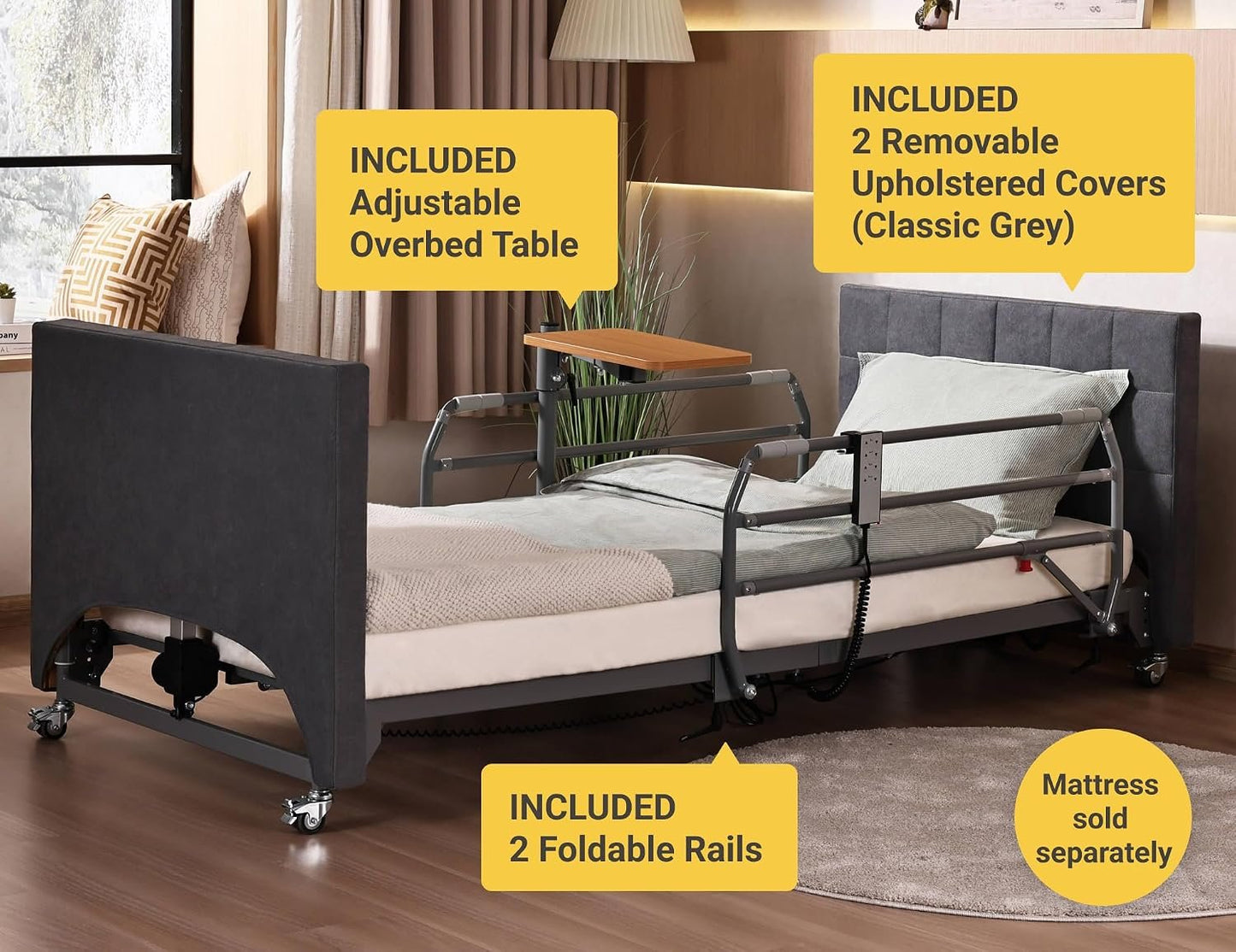 Electric Hospital Bed for Home Use – 5 Functions, Advanced German LIMOSS Motor, Ultra-Low 8.5"–25" Adjustable Height, Double Solid Wood Panels with Medical Overbed Table &amp; Foldable Rails