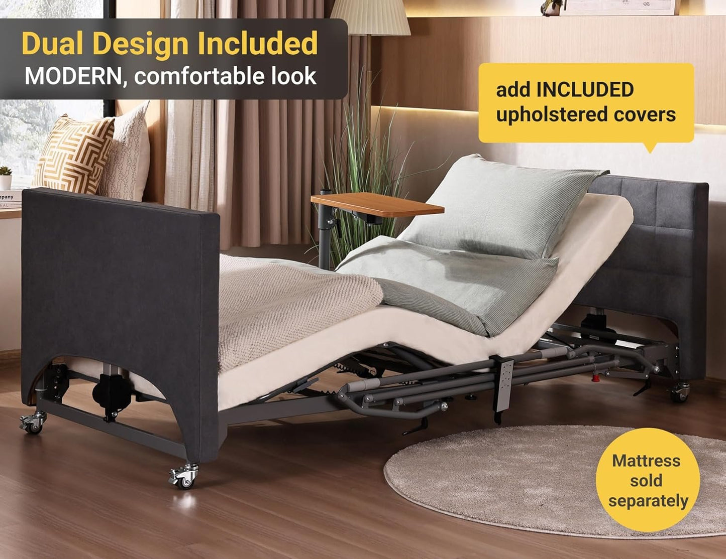 Electric Hospital Bed for Home Use – 5 Functions, Advanced German LIMOSS Motor, Ultra-Low 8.5"–25" Adjustable Height, Double Solid Wood Panels with Medical Overbed Table &amp; Foldable Rails