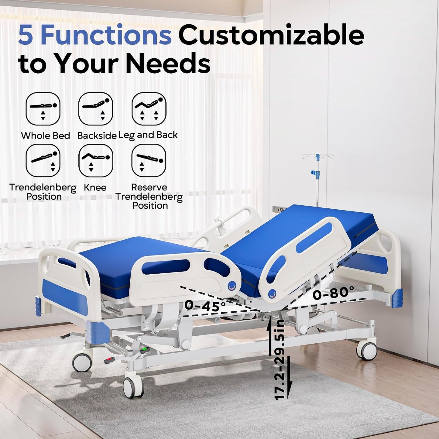 Premium Full Electric Hospital Bed for Home Use, 5 Function Medical Bed with 4.7” Foam Mattress, Height Adjustable, Central Locking System, Includes Sheets (2X) (5 Function)