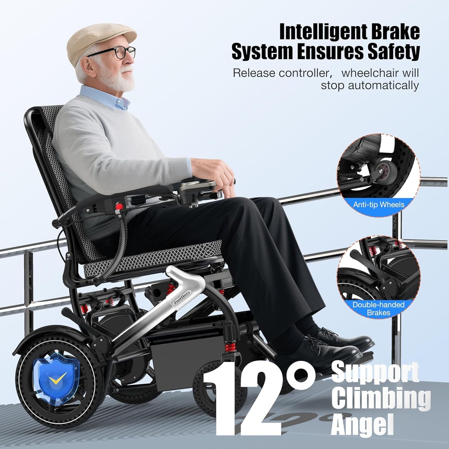 Electric Wheelchairs for Adults Foldable 36LBS Lightweight Frame Airline Approval,15 Miles Range, Max Support 350 LBS, 500W Brushless Motors with LED Light-Silver Color